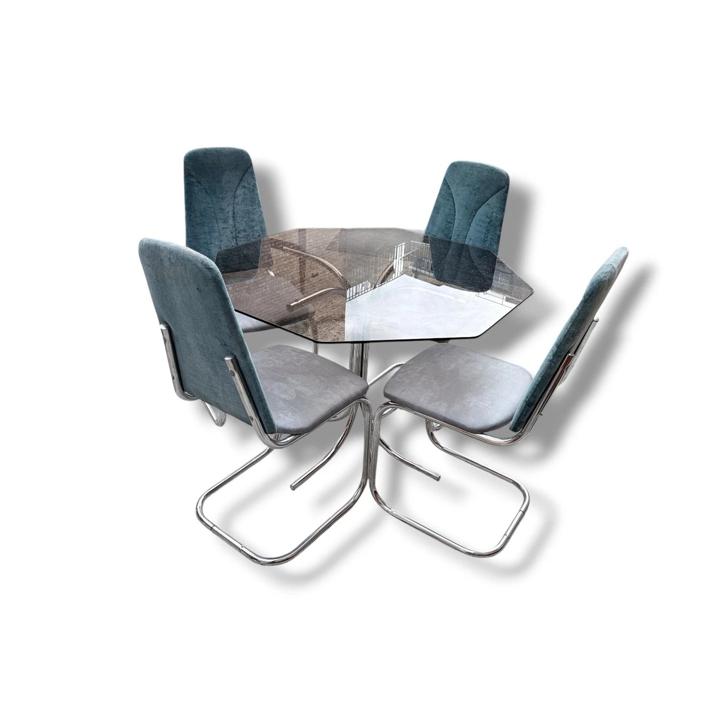 Vintage Chrome & Glass Hexagonal Dining Set | 1970s Space Age Table + 4 Blue Velvet Chairs