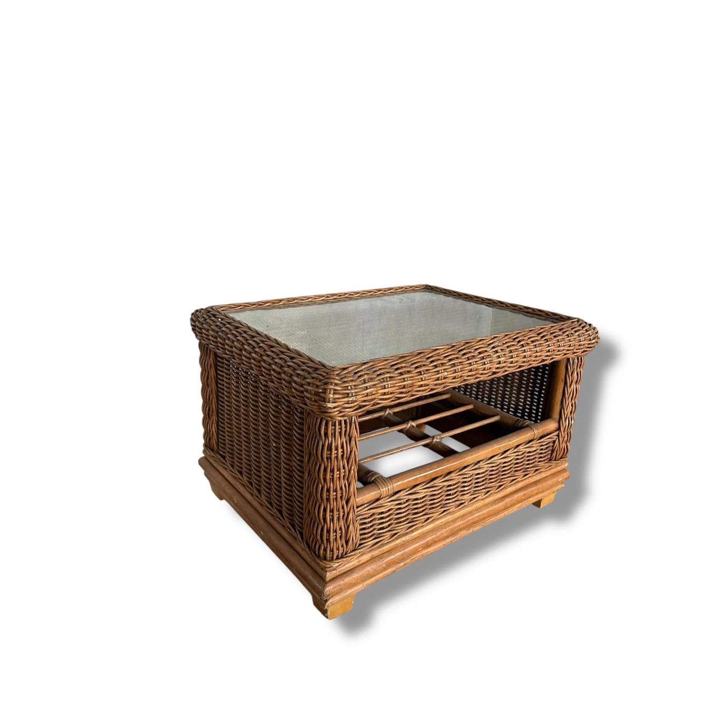 Mid Century Modern Wicker Bamboo Glass Topped Coffee Table