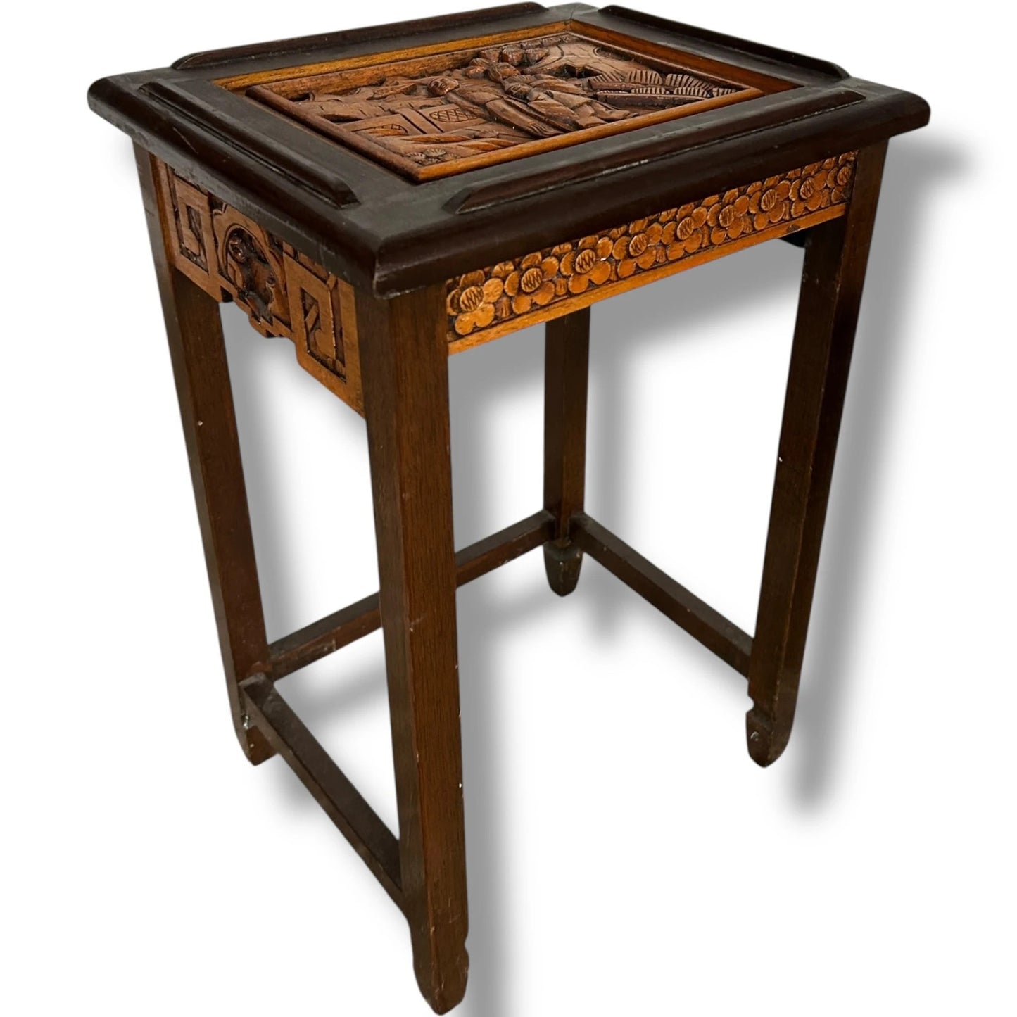 Pair of Vintage Chinese Camphor Wood Bedside Tables – Hand Carved Oriental Nightstands