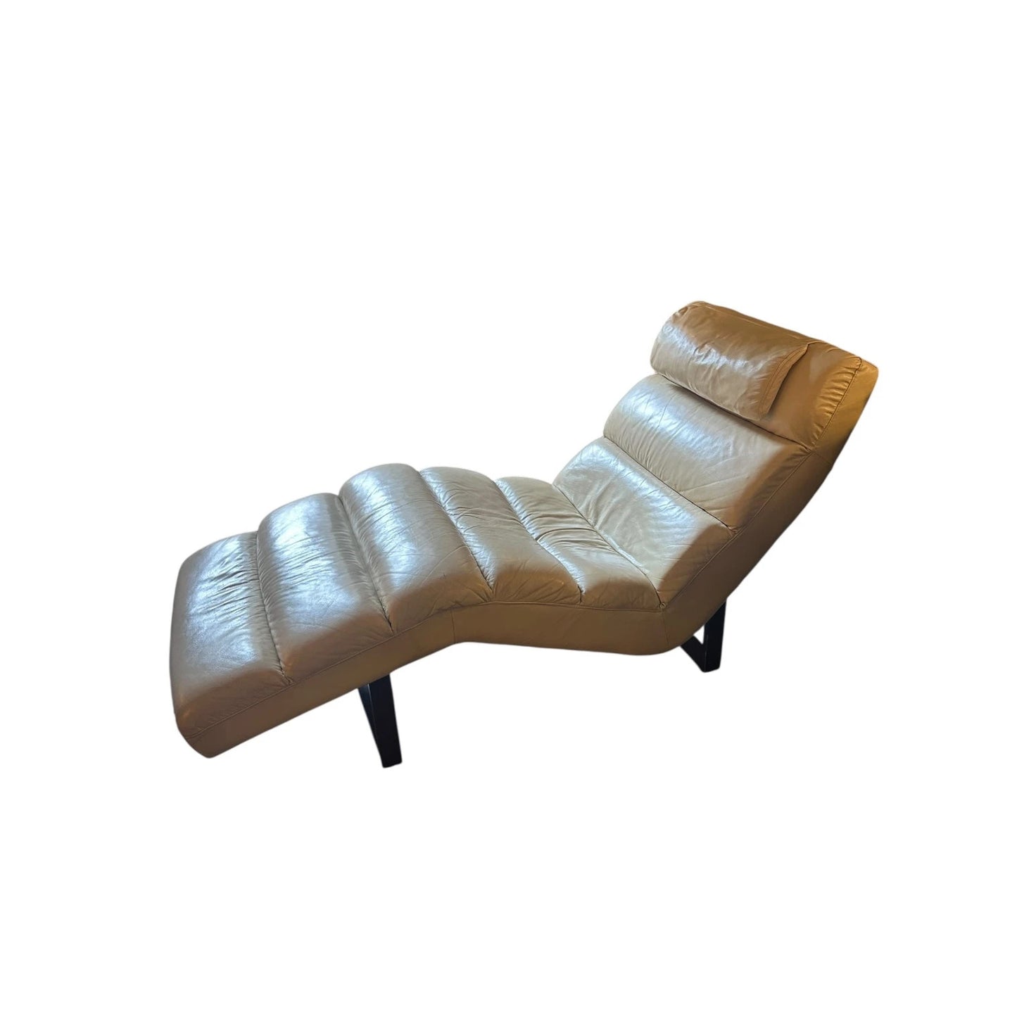 Mid Century Beige Leather Chaise Lounge Chair | Vintage Retro Lounge Chair with Wood Legs