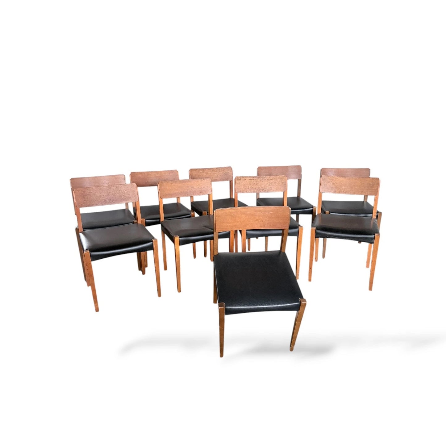 Set of Ten Teak Dining Chairs | Mid-Century Modern | Black Vinyl Seats