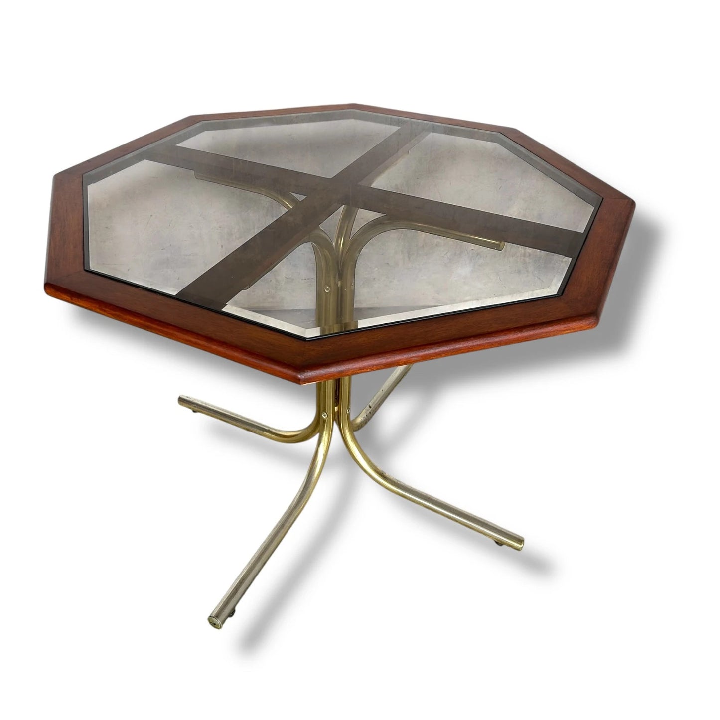 Mid Century Modern Italian Octagonal Smoked Glass Brass and Teak Dining Table