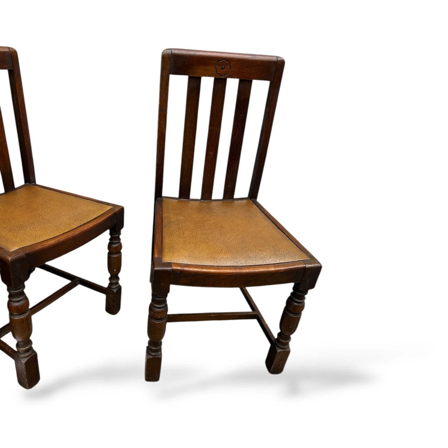Pair of Vintage Oak Dining Chairs Yellow Leatherette Seats