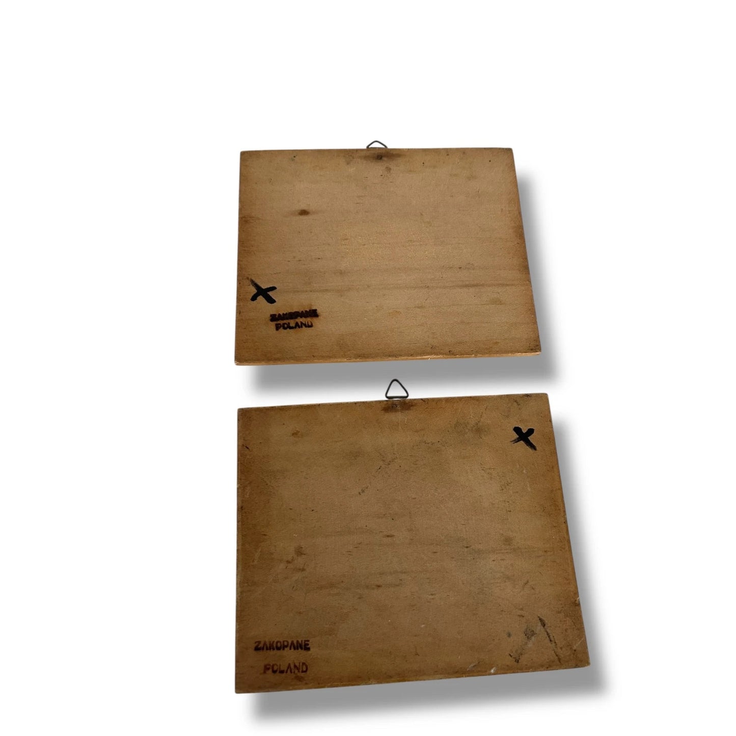 Vintage Polish Marquetry Wall Plaques Mid-Century Rustic Cabin Decor – Set of 2