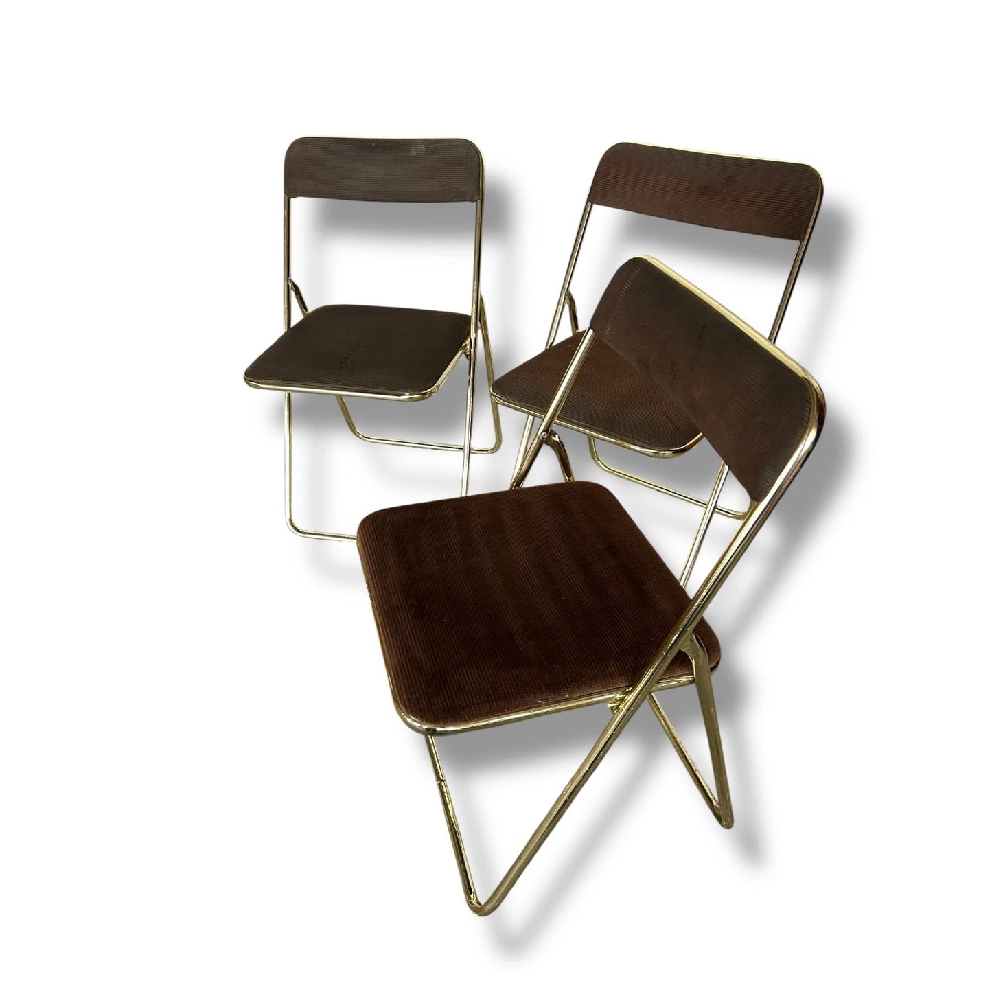 Set of 4 Vintage Mid Century Brass Folding Chairs – Brown Upholstered Dining Chairs