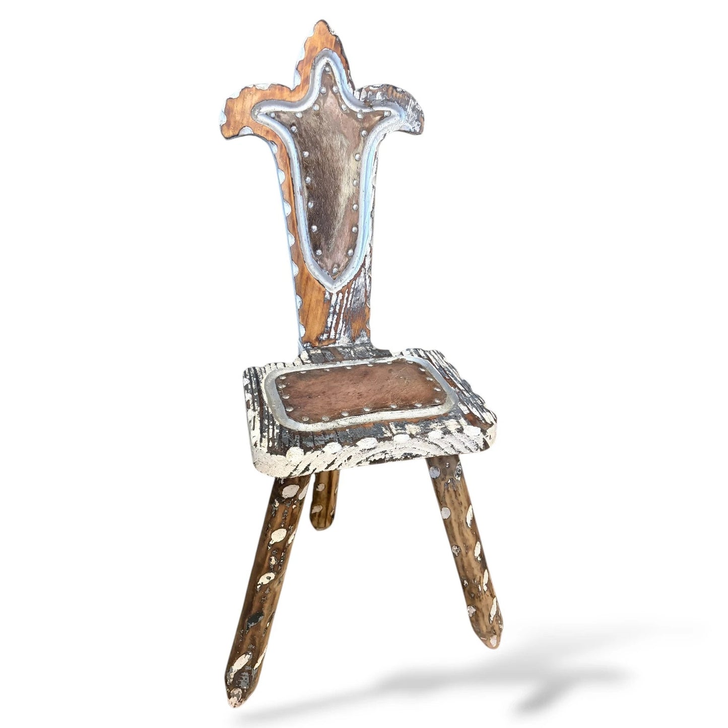 Brutalist Spanish Chair with Mohair Seat | Distressed Primitive Folk Art Chair
