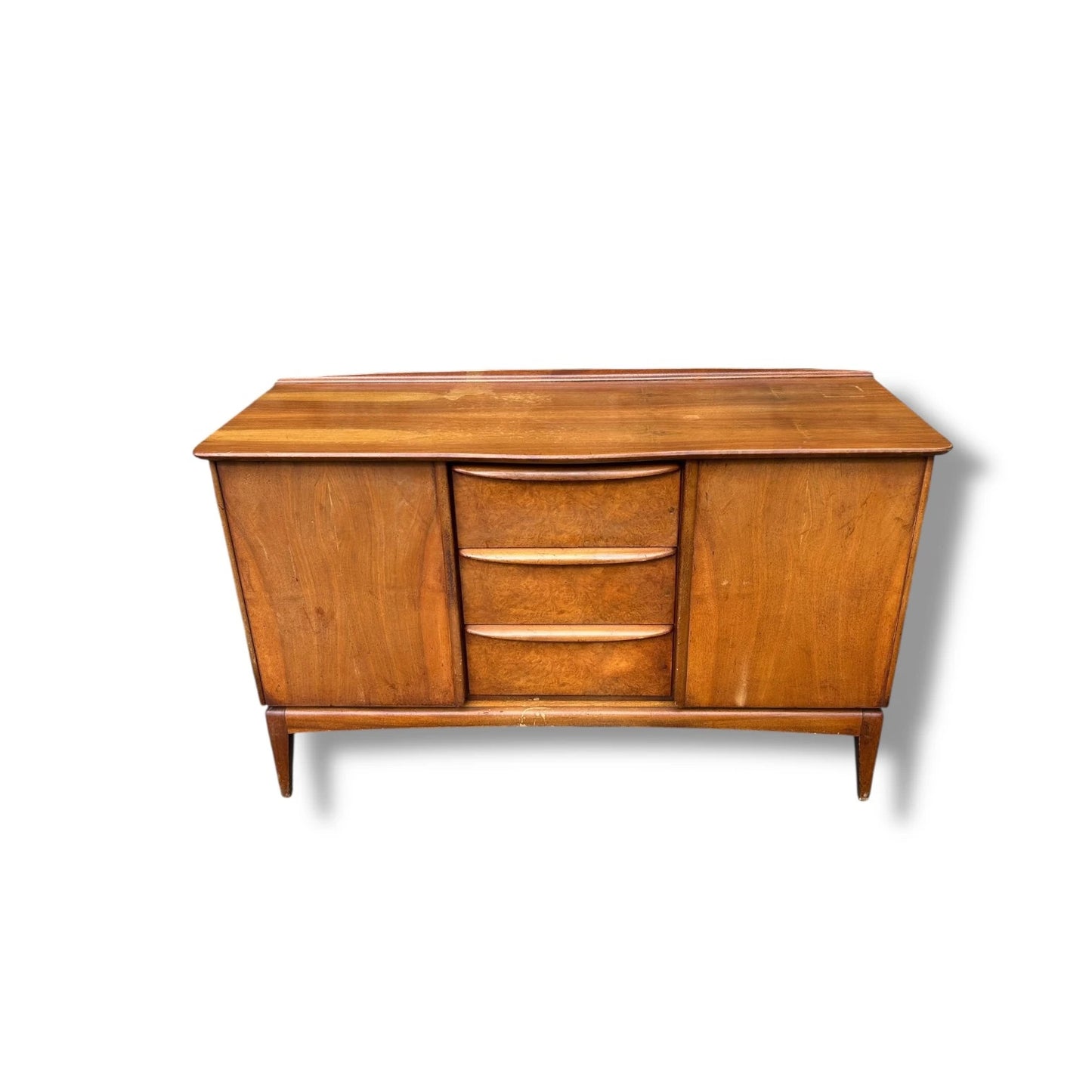 Mid Century Sideboard - McIntosh Walnut Wood Cabinet With Burr Veneer & Sculpted Handles