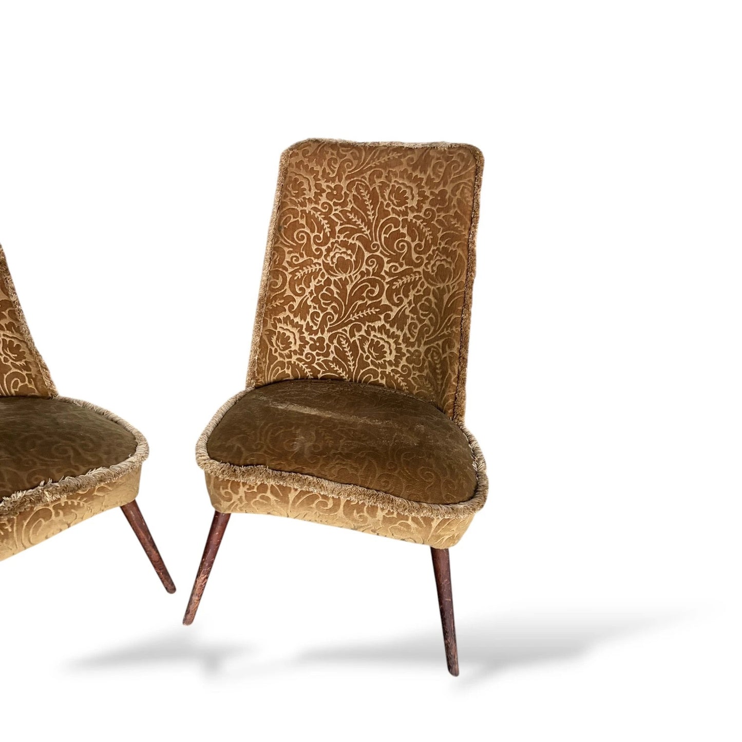 Pair of Mid-Century Cocktail Chairs | Gold Brocade Upholstery with Tapered Legs