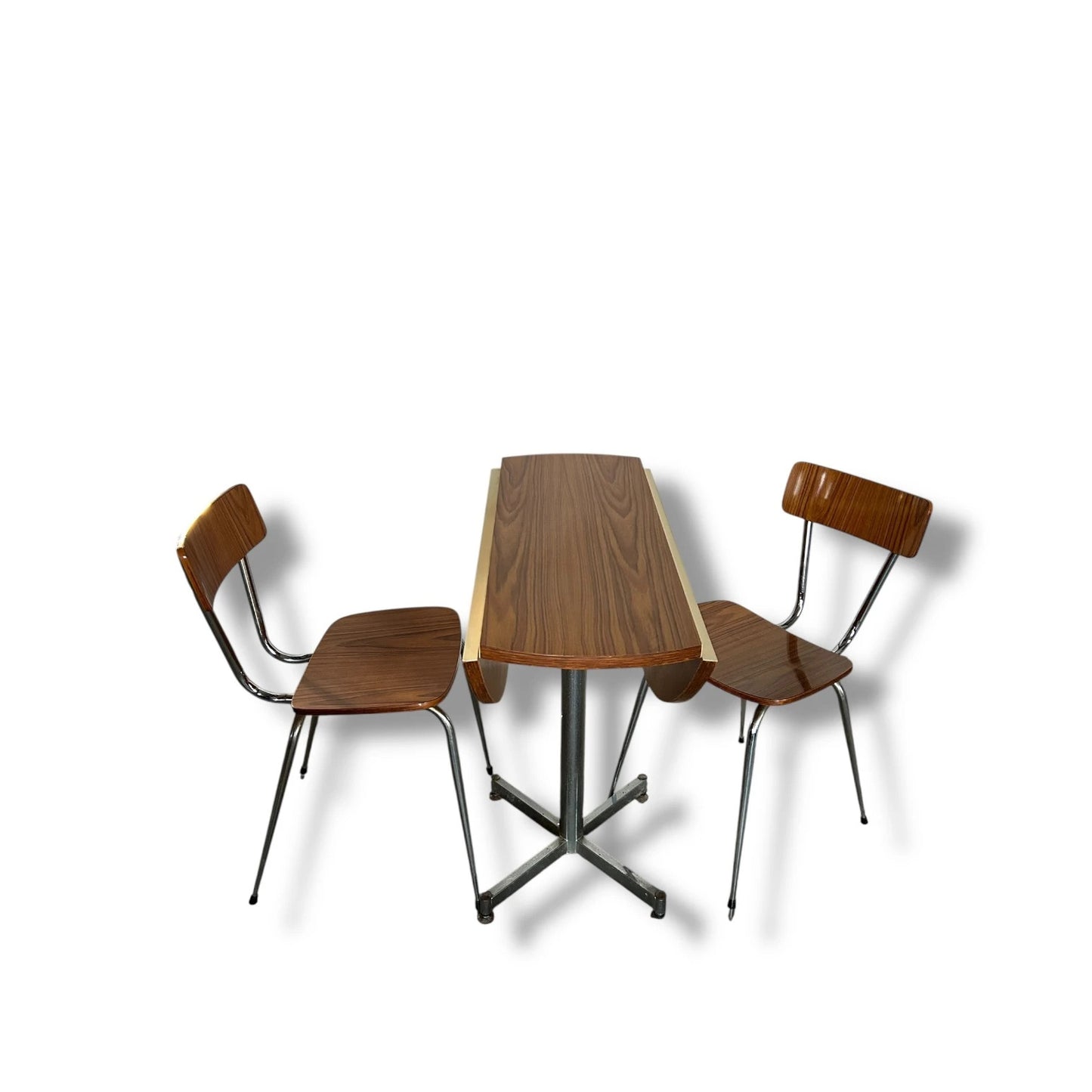 Vintage Drop Leaf Table & Chairs – Brown & Cream Formica Space Saving Dining Set