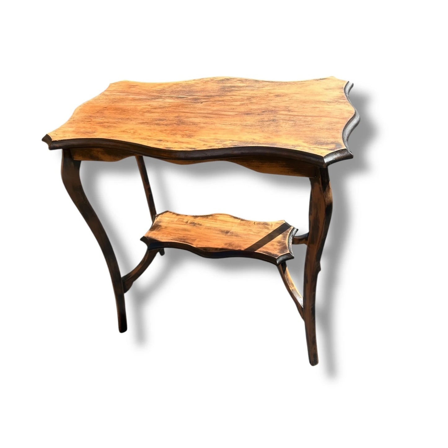Antique Rustic French Side Table – Scalloped Edge & Cabriole Legs