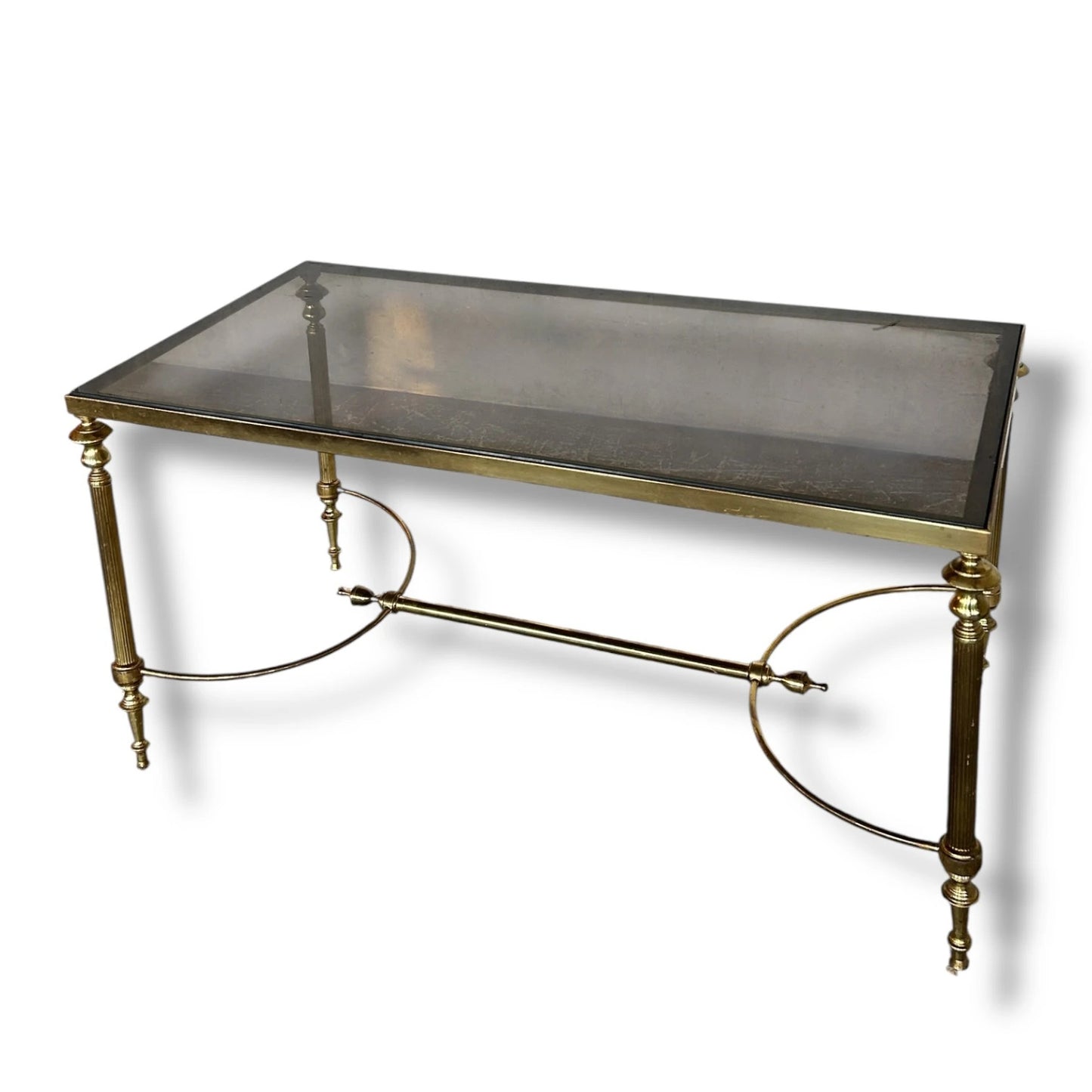 Mid Century Modern Old Hollywood Regency Smoked Glass and Brass Coffee Table