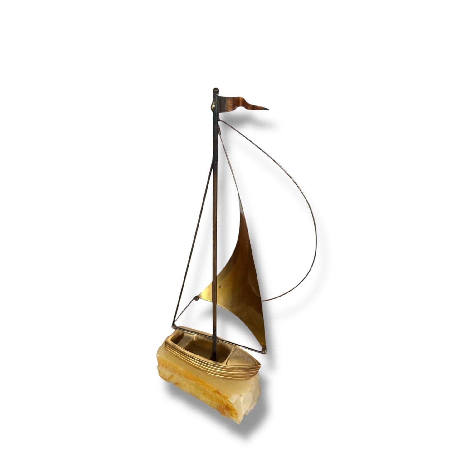 Mid Century Modern Onyx Mounted Brass Boat Sculpture