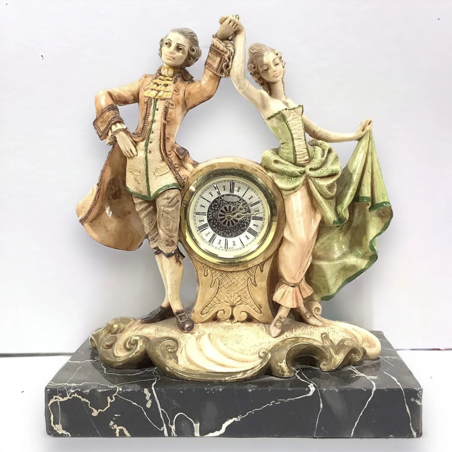 Vintage West Germany Resin Figural Clock Carrara Marble Base