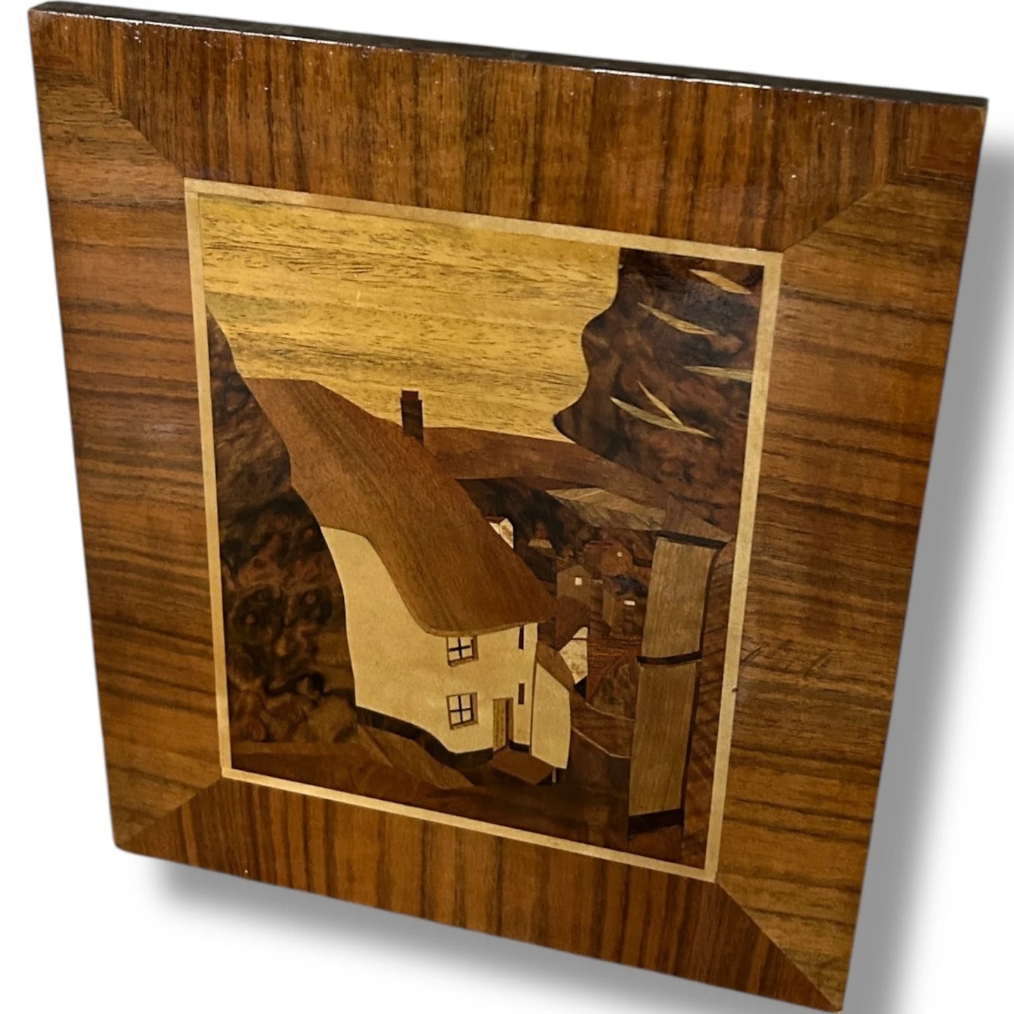 Mid-Century Marquetry Artwork – Rustic House Landscape in Wood Veneer