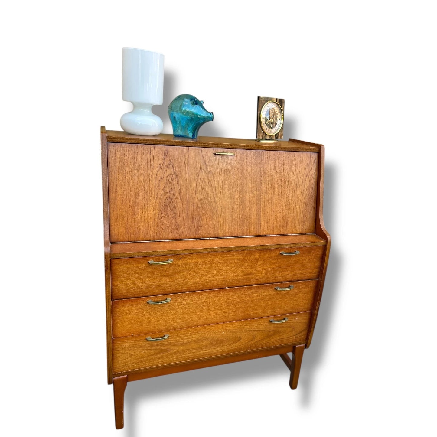 Mid-Century Danish Teak Bureau with Brass Handles – Compact Writing Desk & Storage