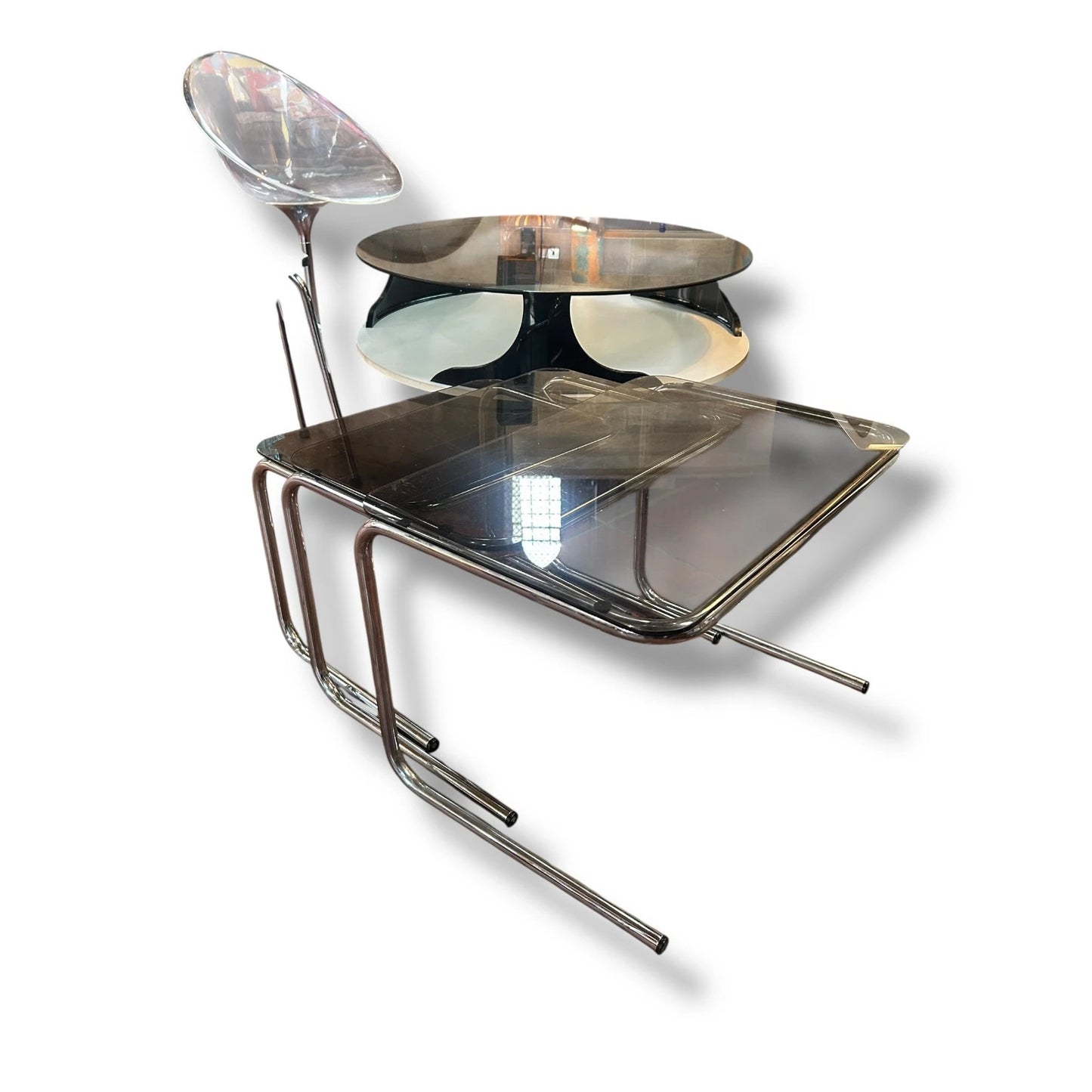 Mid Century Smoked Glass and Chrome Tubular Nest of Tables