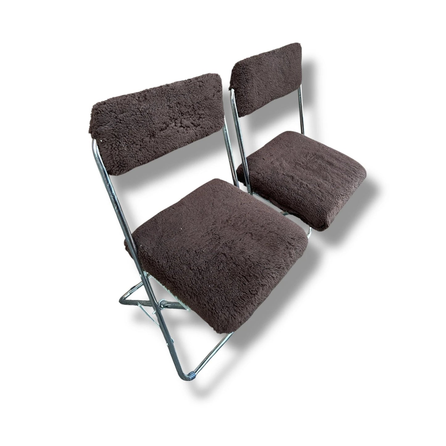 Mid Century Modern Pair of Chocolate Brown and Chrome Space Age Folding Chairs