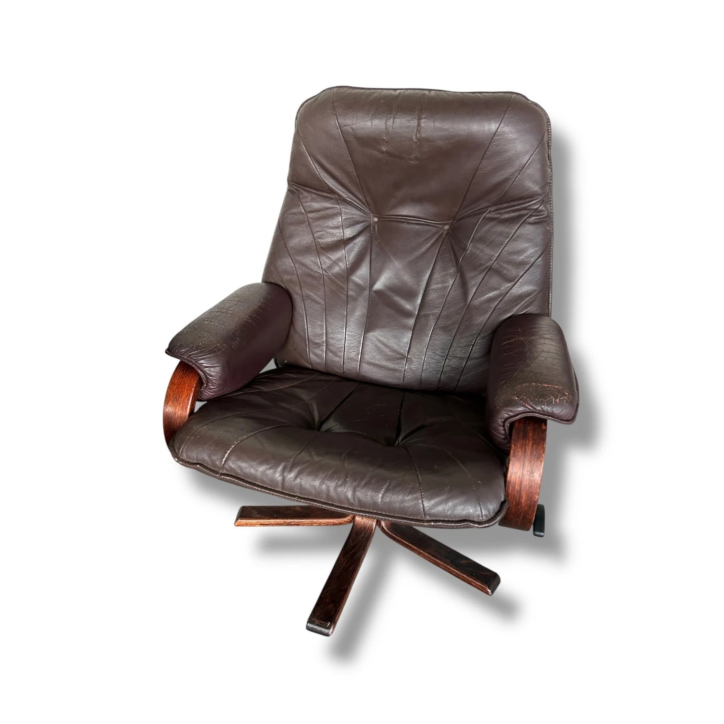 Pair of Vintage Brown Leather Reclining Swivel Armchairs – Danish Stressless Style Chairs