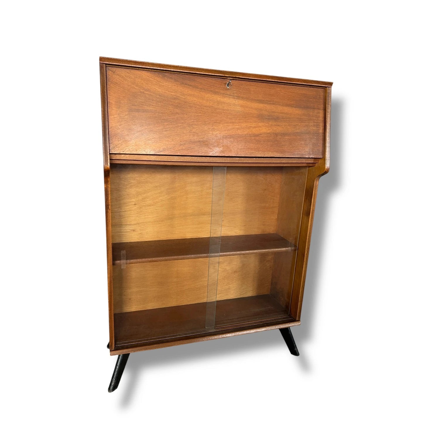Mid-Century Avalon Bureau – Vintage Writing Desk with Glass Bookcase Storage