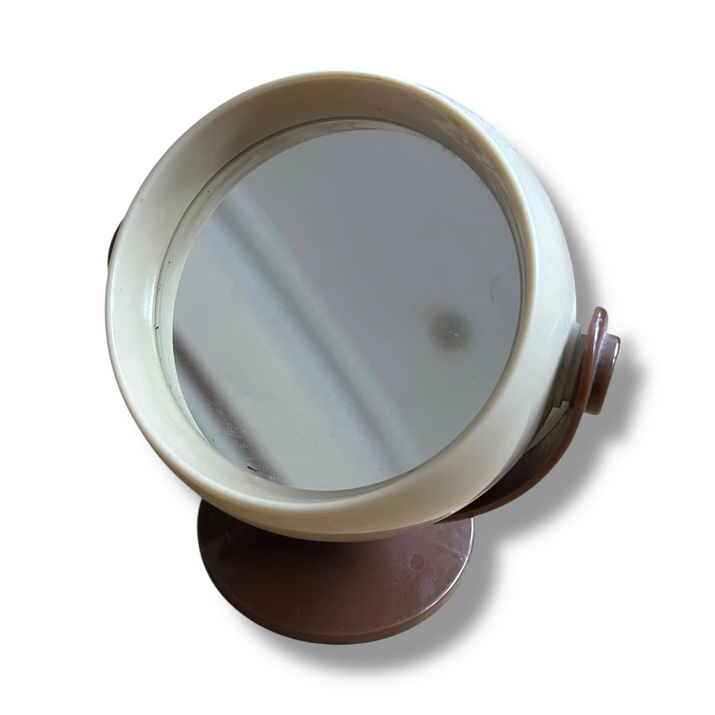 Mid Century Space Age Chocolate Brown and Cream Tabletop Revolving Vanity Mirror