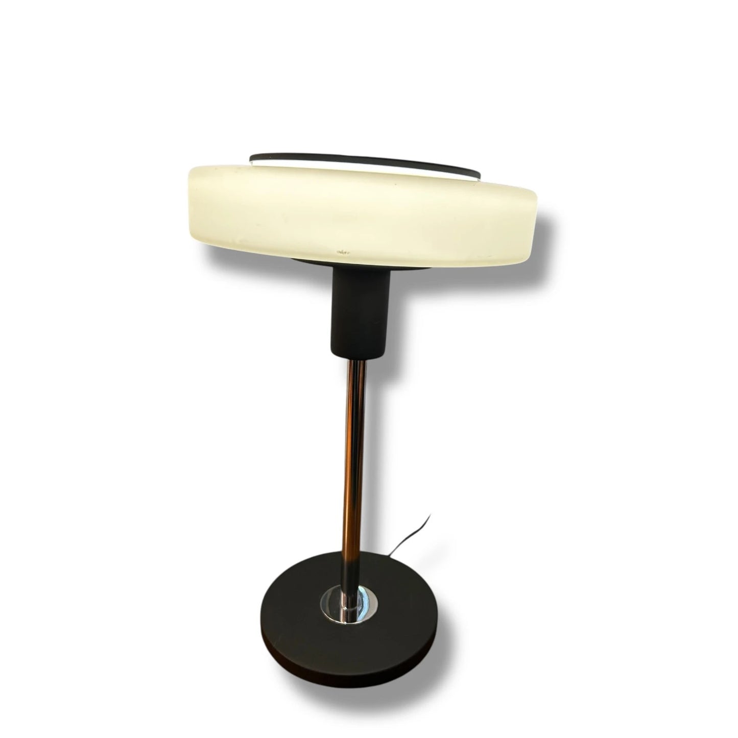 Mid Century Danish Mushroom Table Lamp | Chrome/Black Base & White Glass Shade