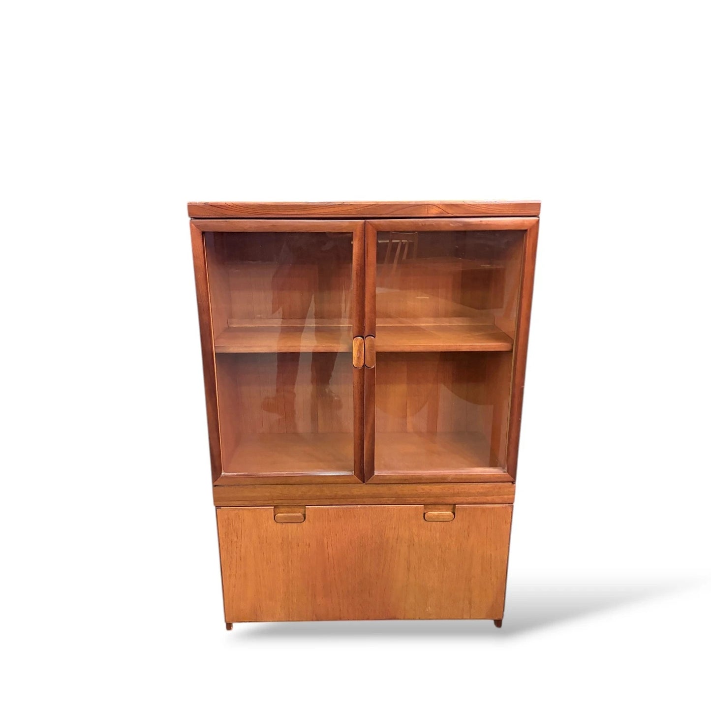 Mid Century Teak Display Cabinet | Danish Style Drinks Bureau with Glass Sliding Doors