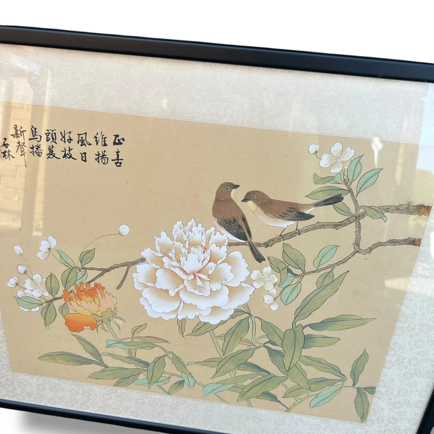 Vintage 1960s Chinese Birds Nature Silk Art Framed Painting