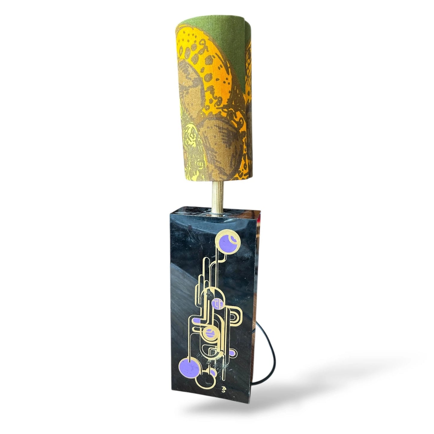 Vintage 1970s Black Geometric Table Lamp with Patterned Shade – Retro Mid Century Modern Lighting