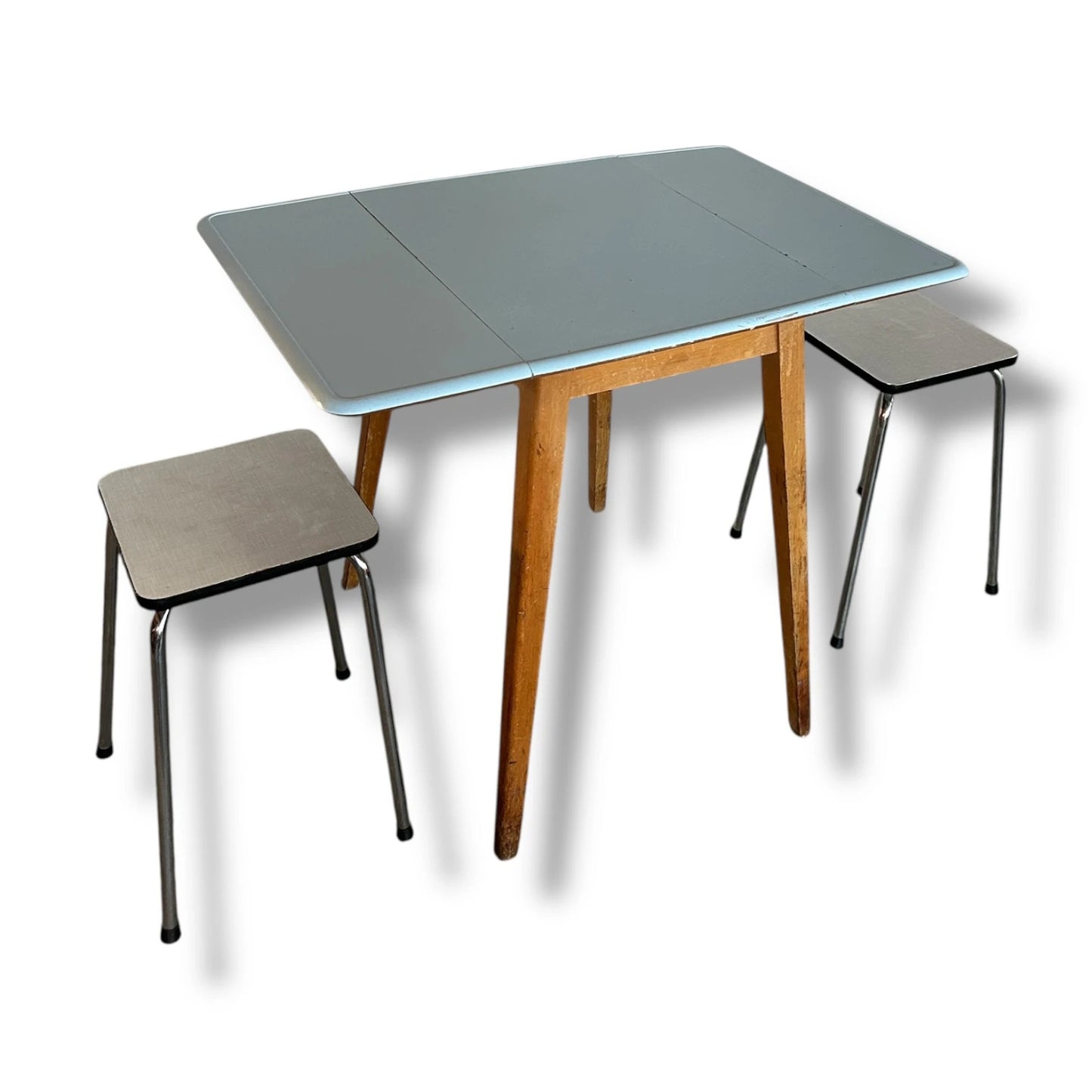 Mid Century Modern Blue Formica Dining Table and White Stools Dining Set