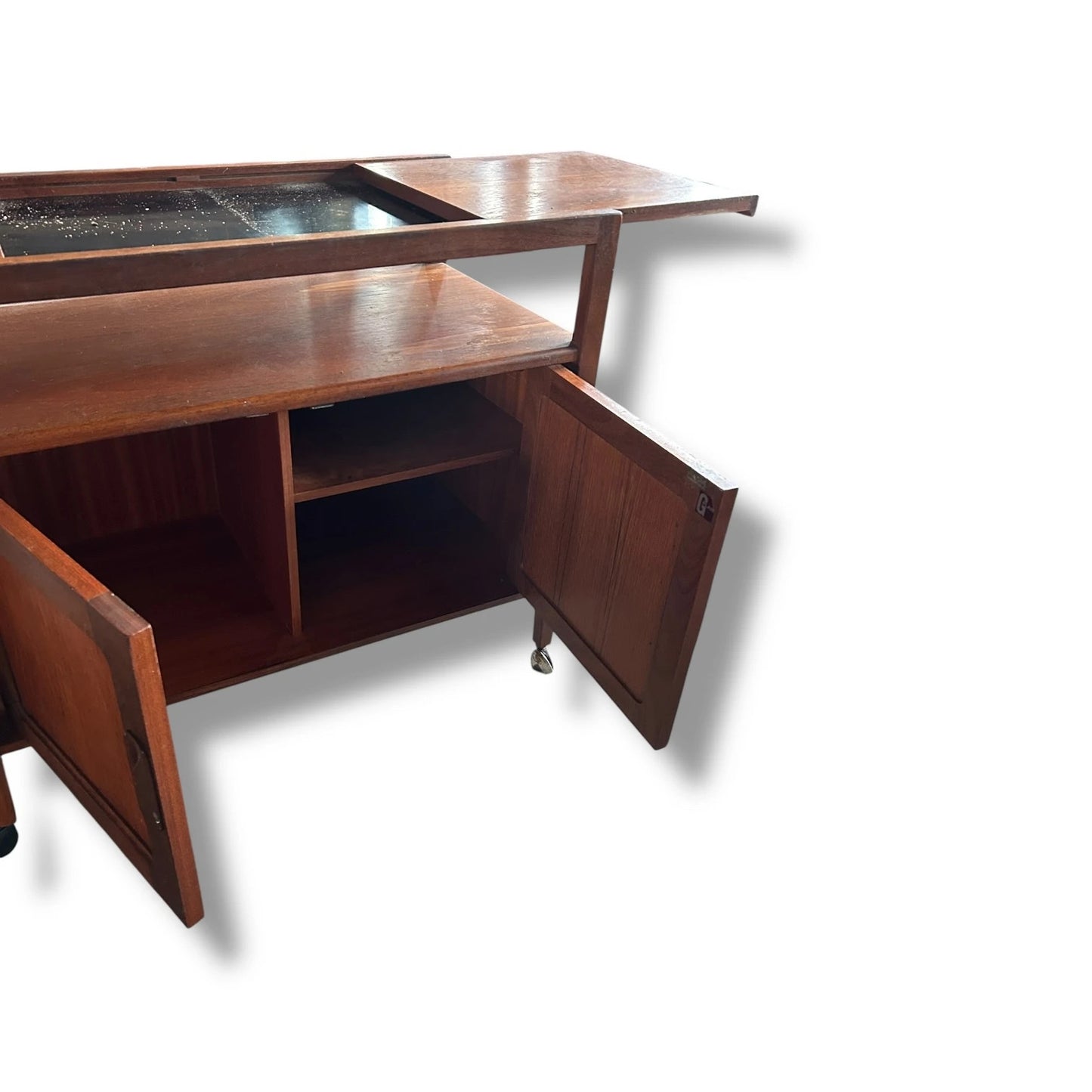 Mid Century G Plan Drinks Cabinet Trolley – Vintage Bar Cart with Black Sliding Top