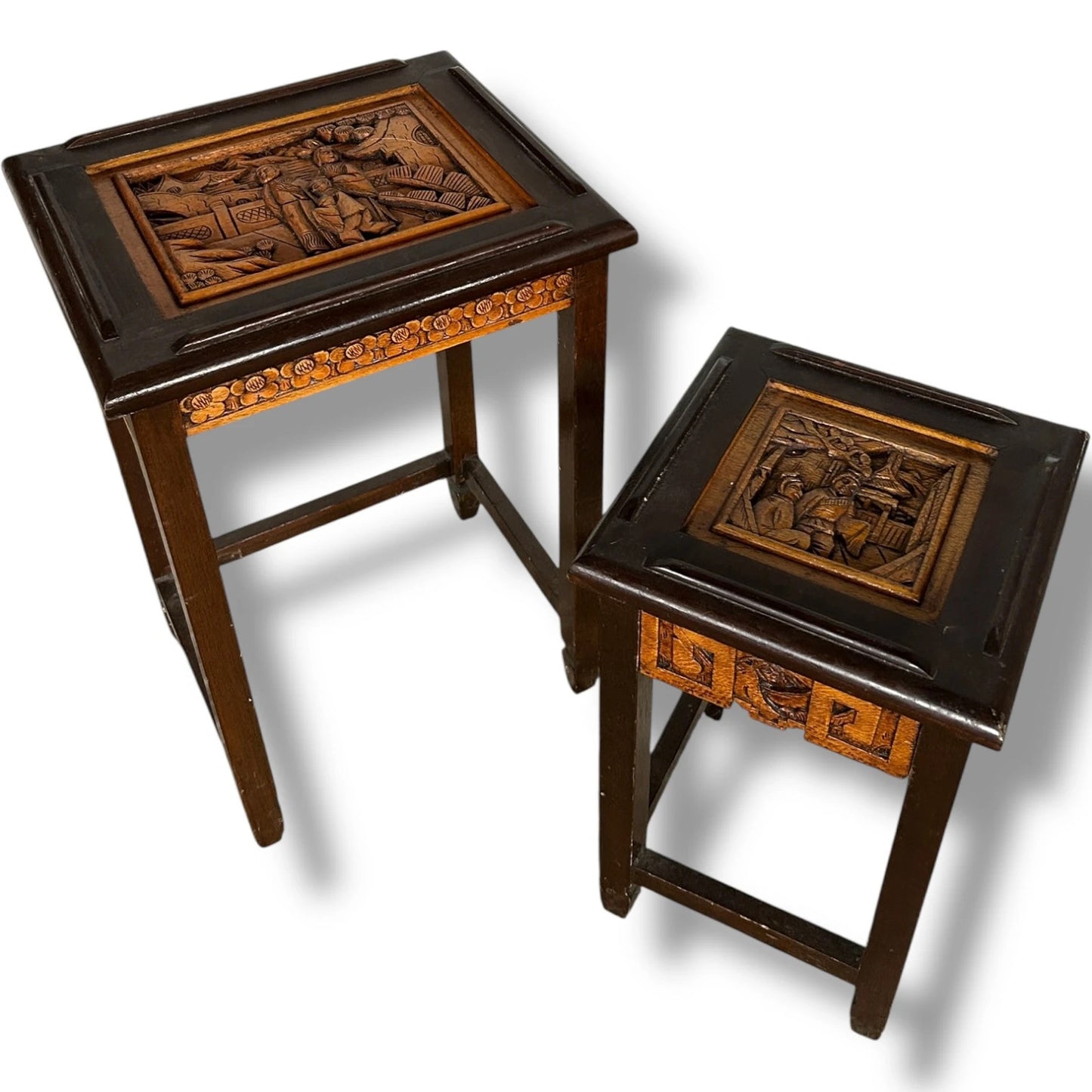 Pair of Vintage Chinese Camphor Wood Bedside Tables – Hand Carved Oriental Nightstands