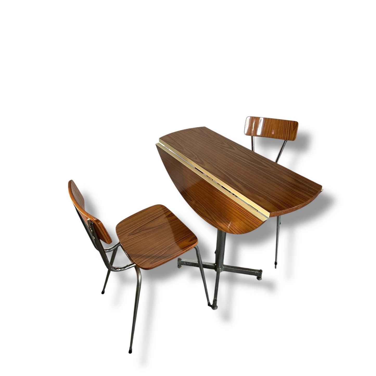 Vintage Drop Leaf Table & Chairs – Brown & Cream Formica Space Saving Dining Set