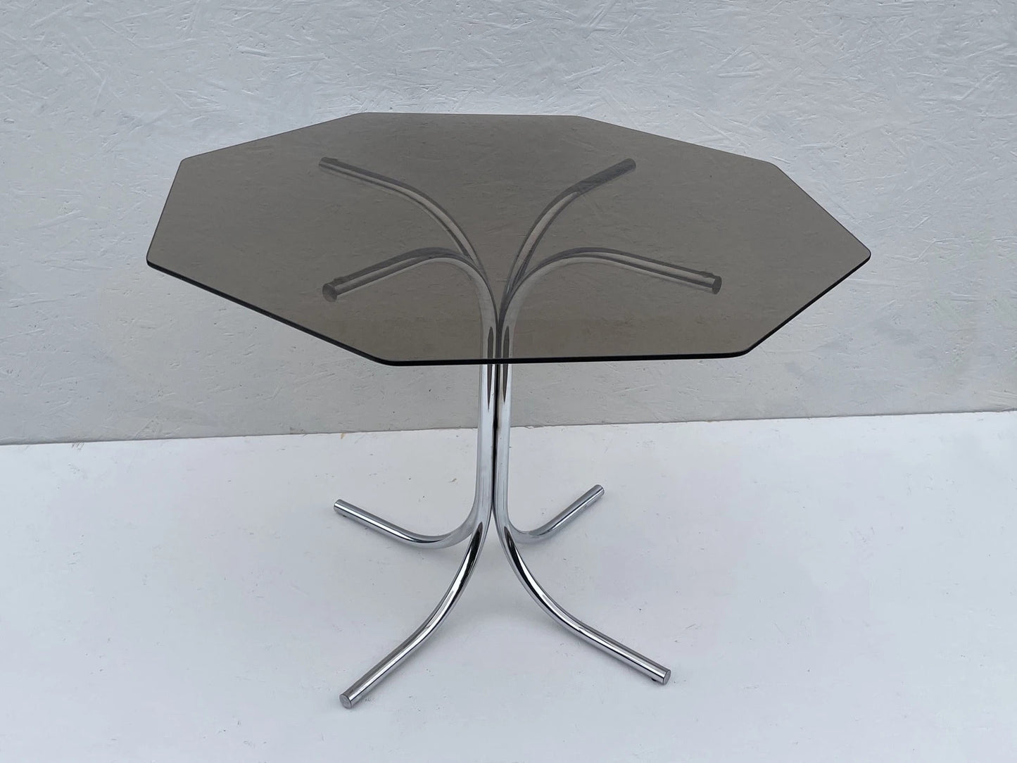 Mid Century Modern Hexagonal Dining Table | Smoked Glass & Chrome Base