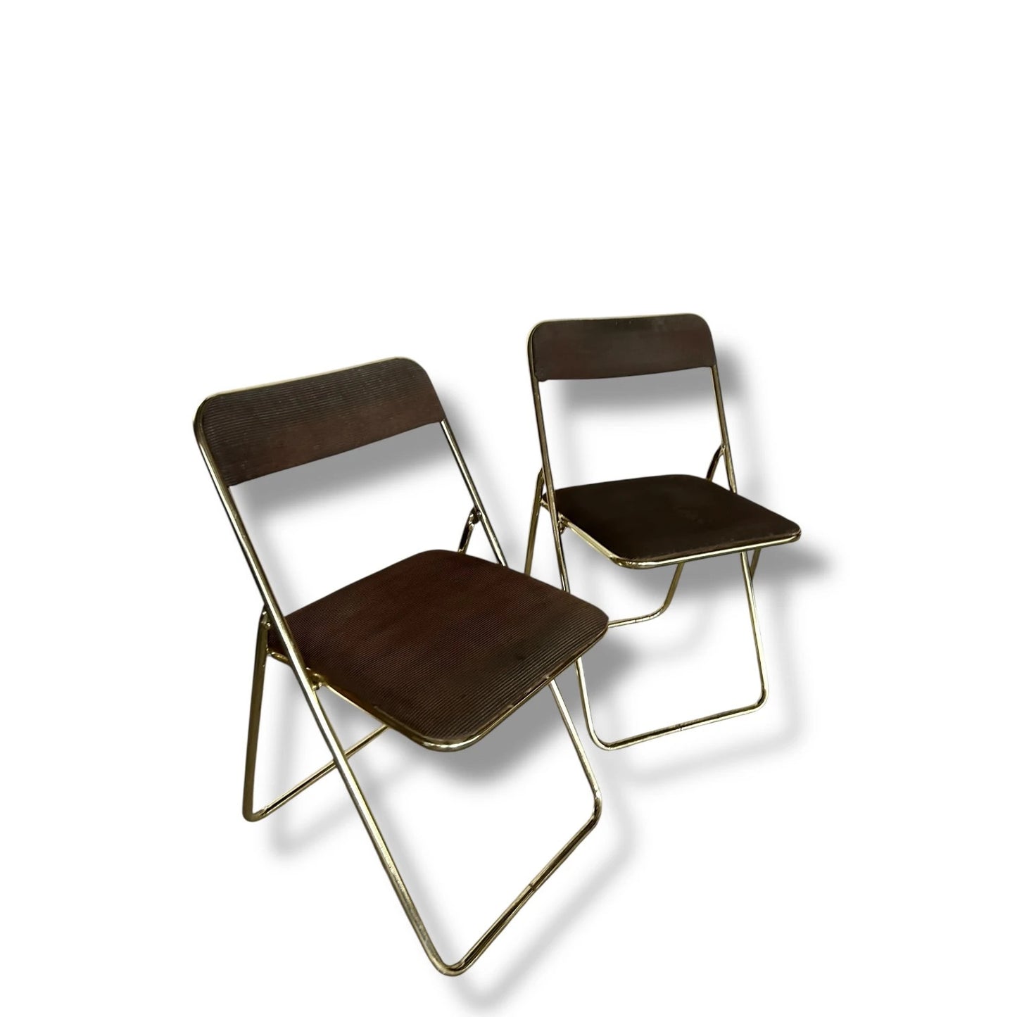 Set of 4 Vintage Mid Century Brass Folding Chairs – Brown Upholstered Dining Chairs