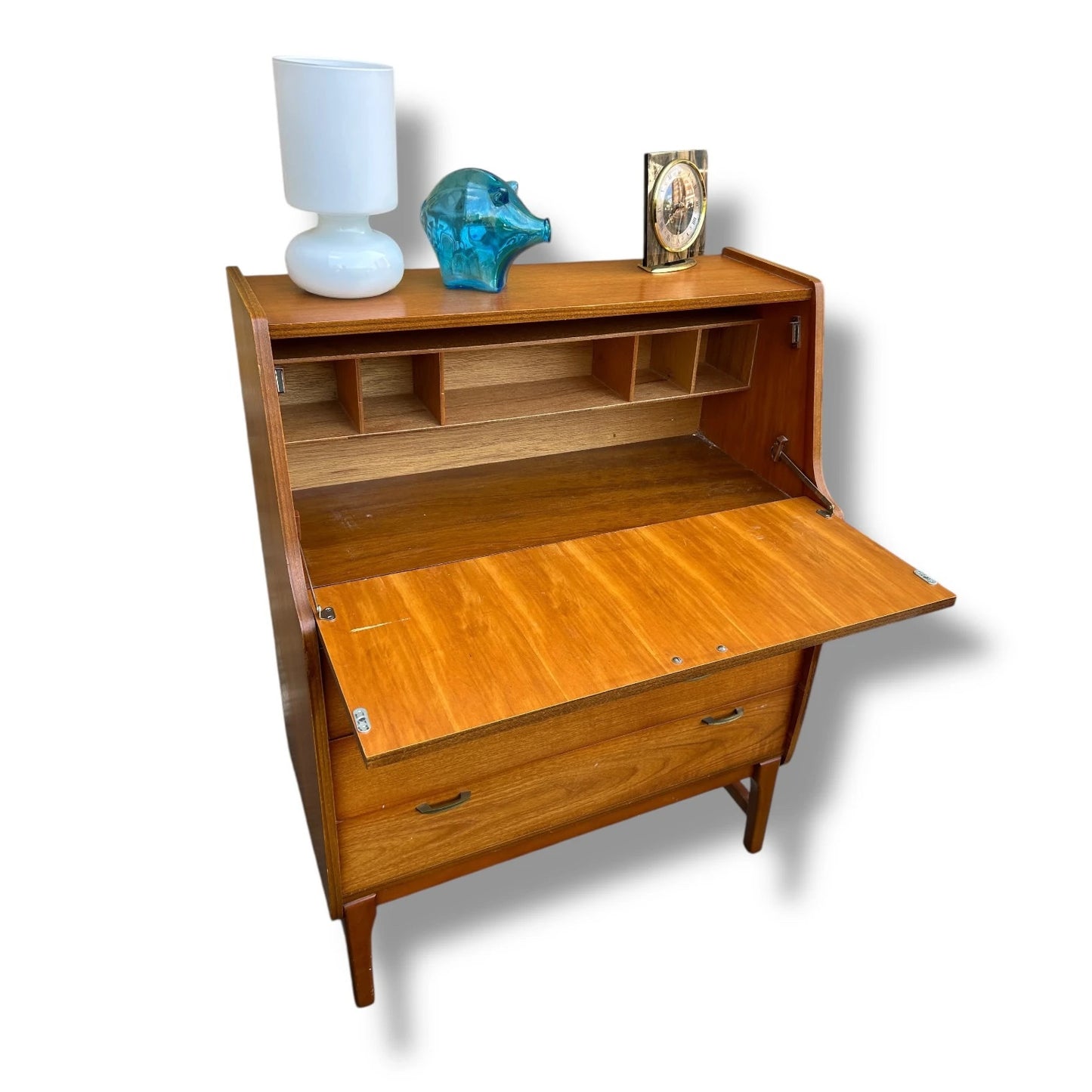 Mid-Century Danish Teak Bureau with Brass Handles – Compact Writing Desk & Storage