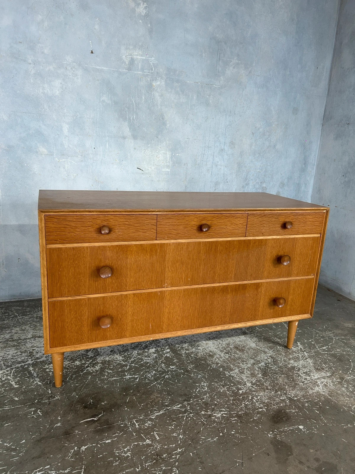 Meredew Mid Century Chest of Drawers | Vintage Tallboy 5 Drawer Teak Dresser