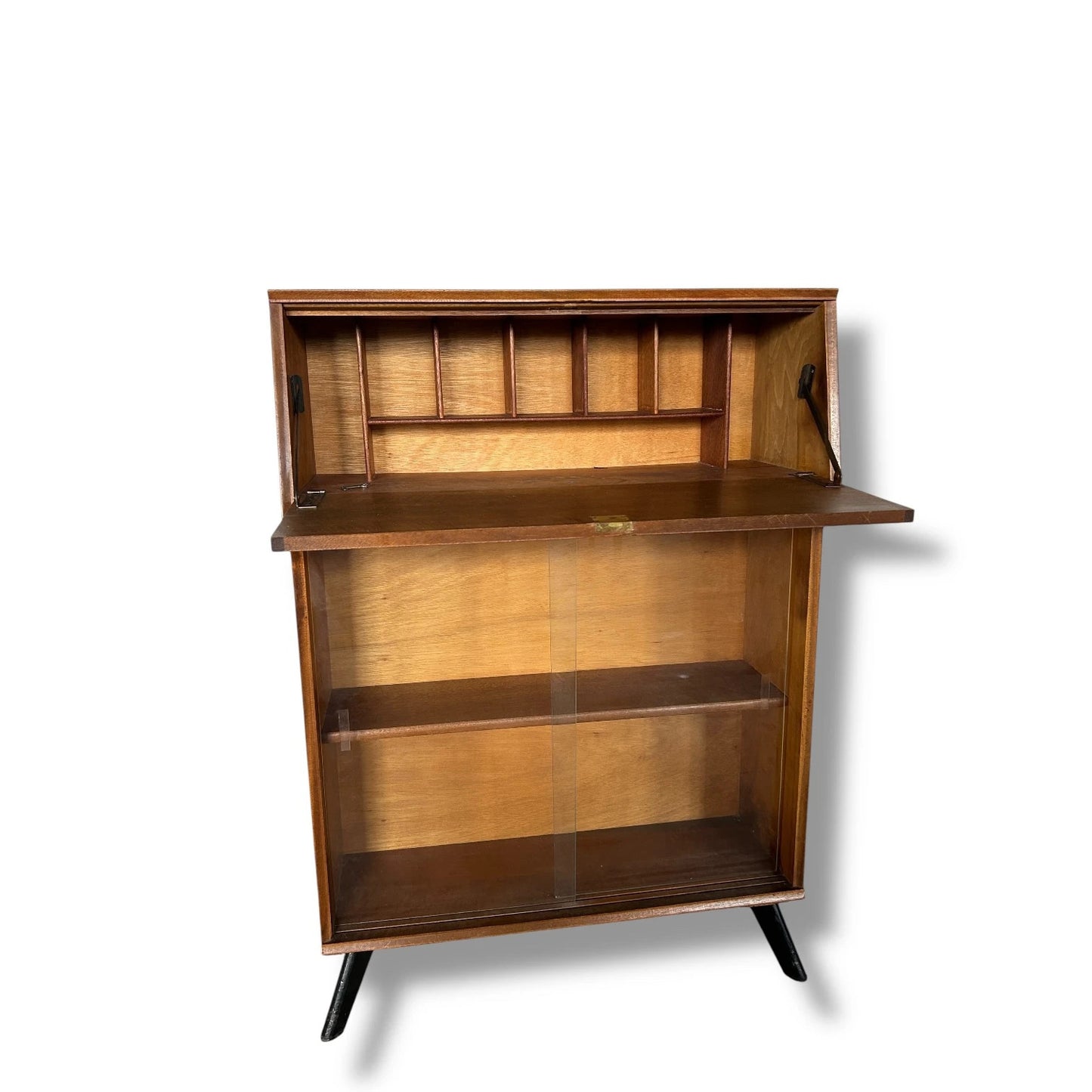 Mid-Century Avalon Bureau – Vintage Writing Desk with Glass Bookcase Storage