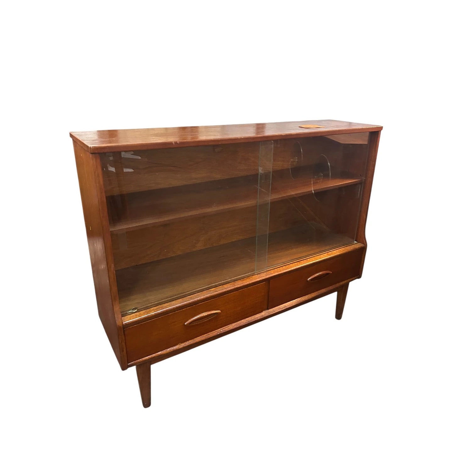 Mid-Century Jentique Teak Display Cabinet with Sliding Glass Doors & Drawers