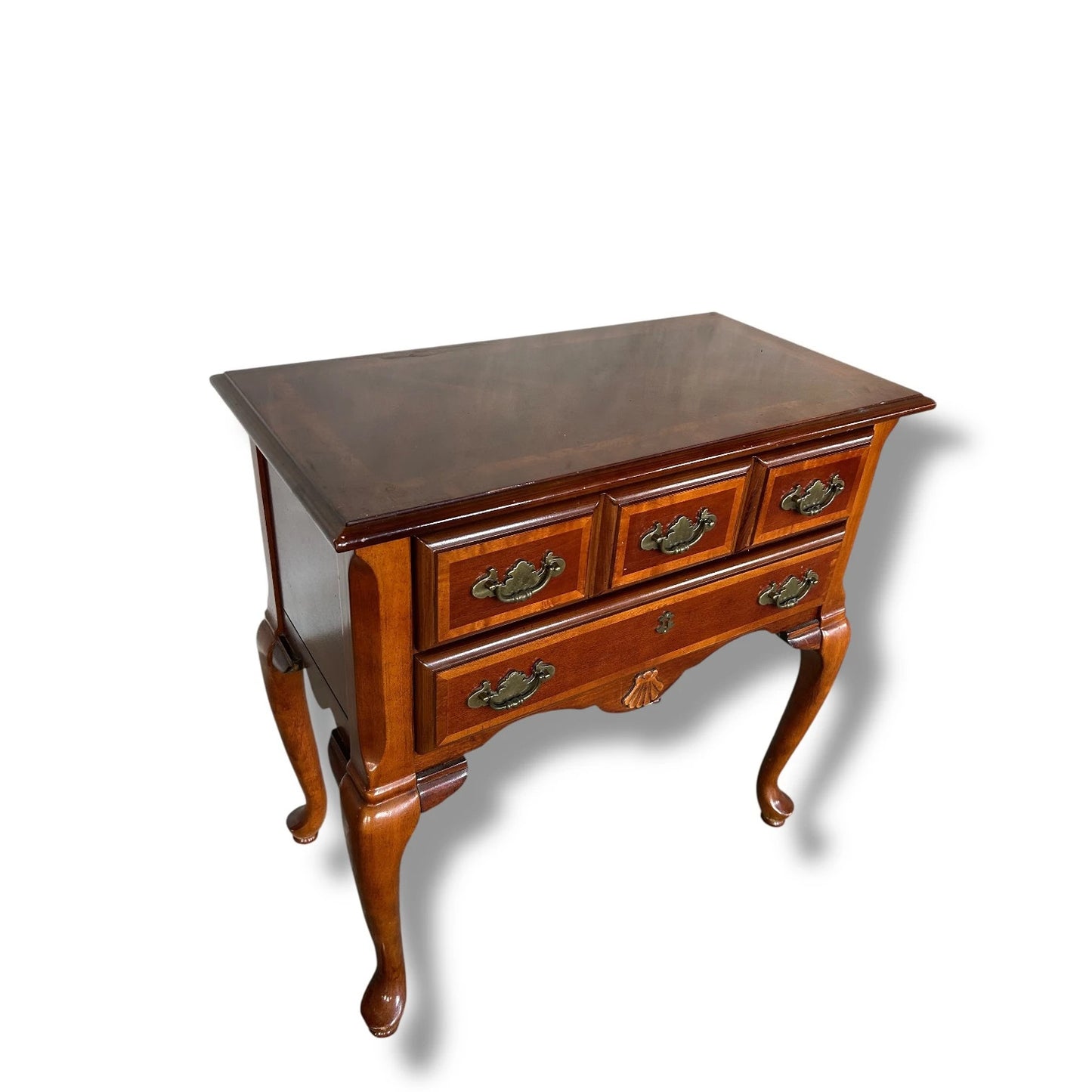 Vintage Queen Anne Style Marquetry Chest – 2 Drawer Side Cabinet with Brass Handles
