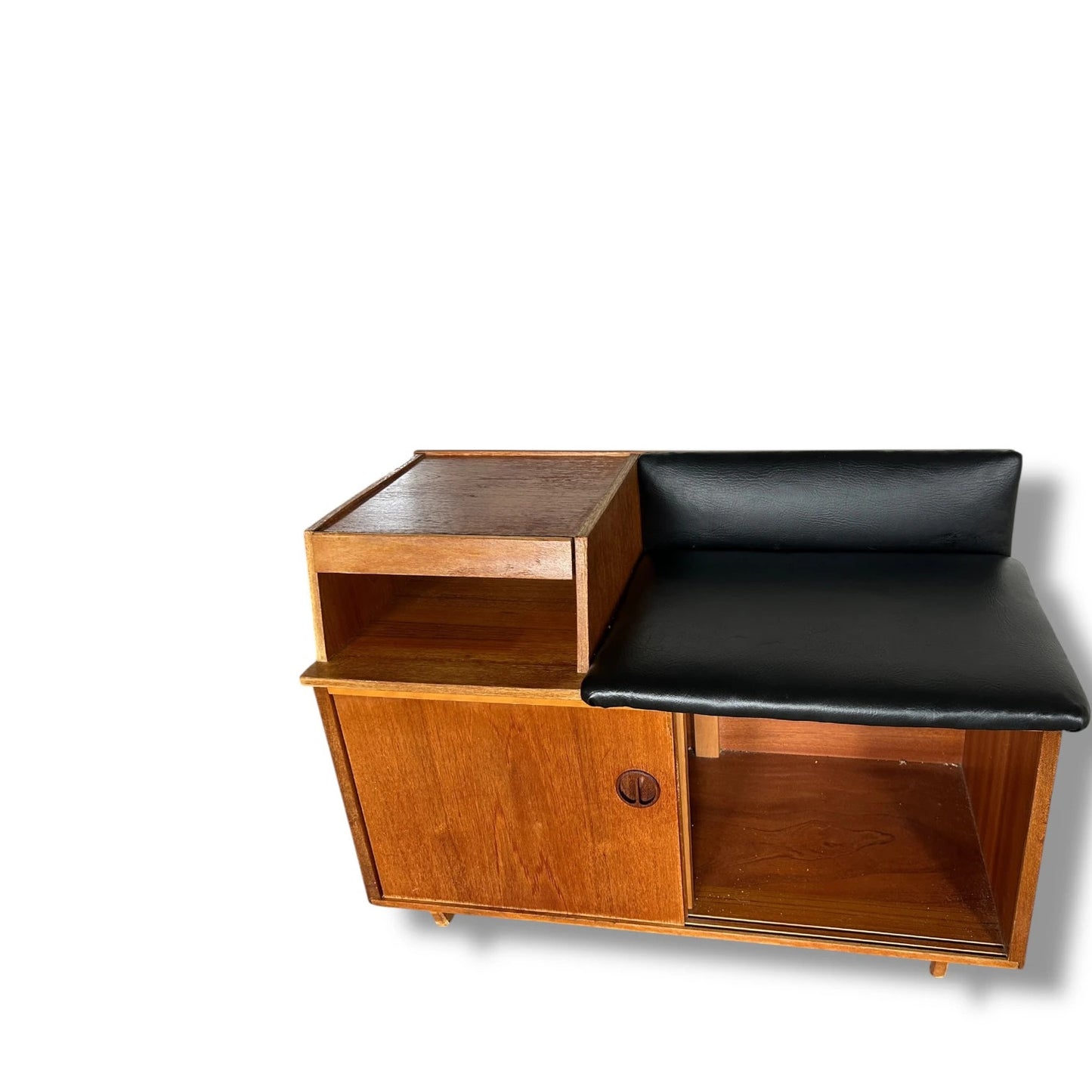 Vintage 1960s Chippy Heath Teak Telephone Table – Mid-Century Modern Hall Seat with Black Vinyl