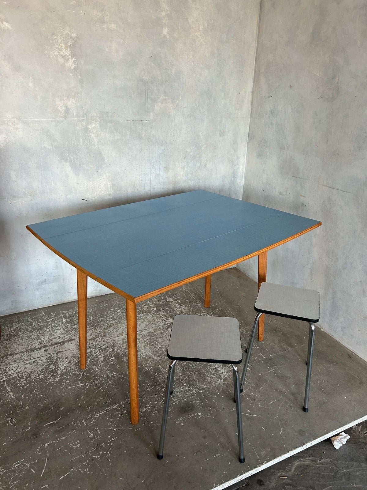 Mid Century Modern Blue Formica Drop Leaf Extendable Dining Table