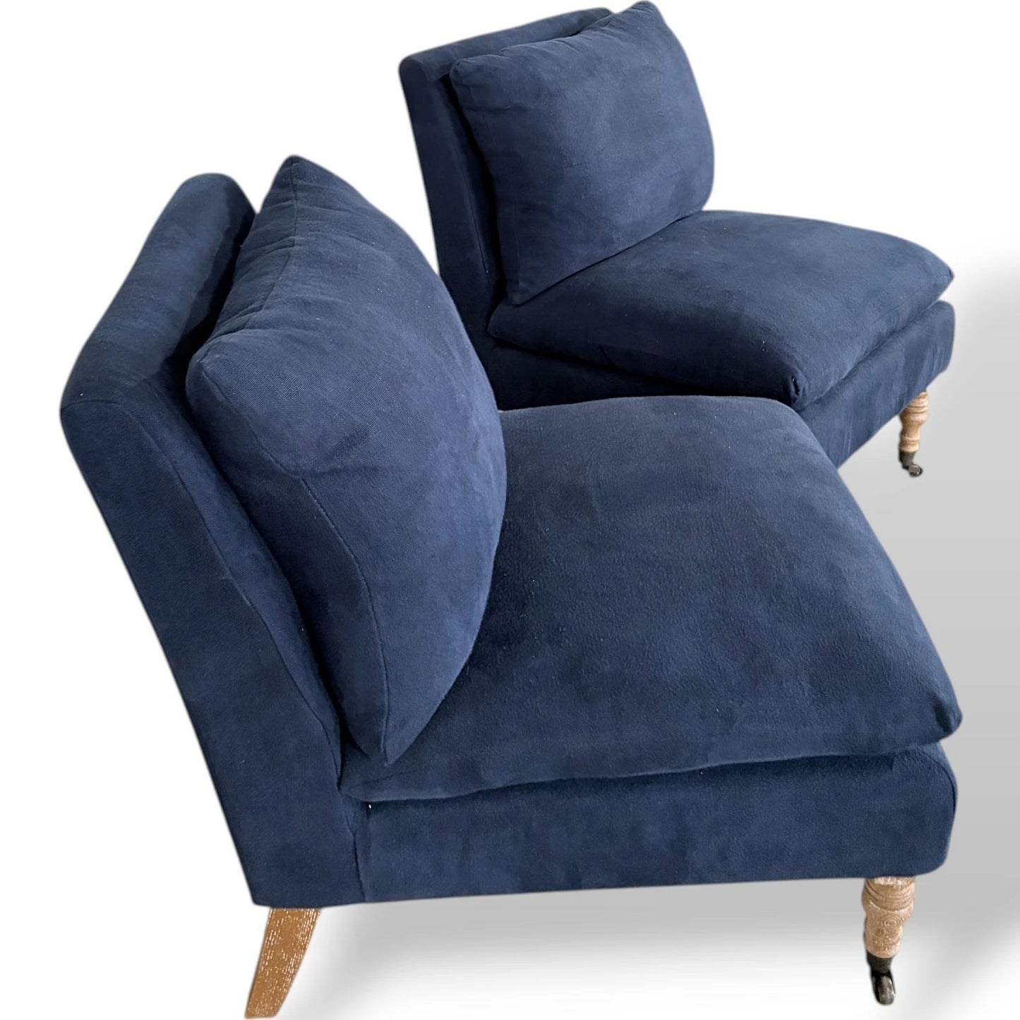 Upholstered Lounge Chairs – Pair of Navy Blue Classic Fabric Armchairs with Wooden Legs — view 8