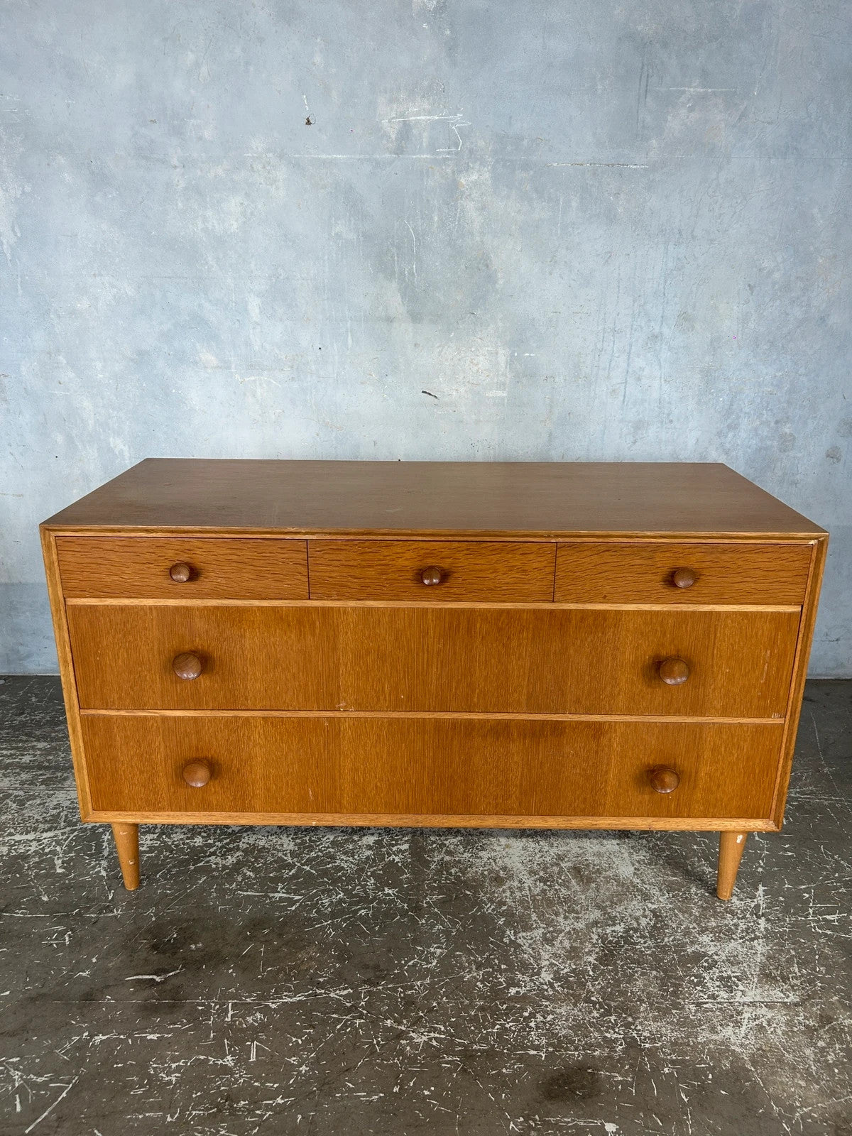 Meredew Mid Century Chest of Drawers | Vintage Tallboy 5 Drawer Teak Dresser