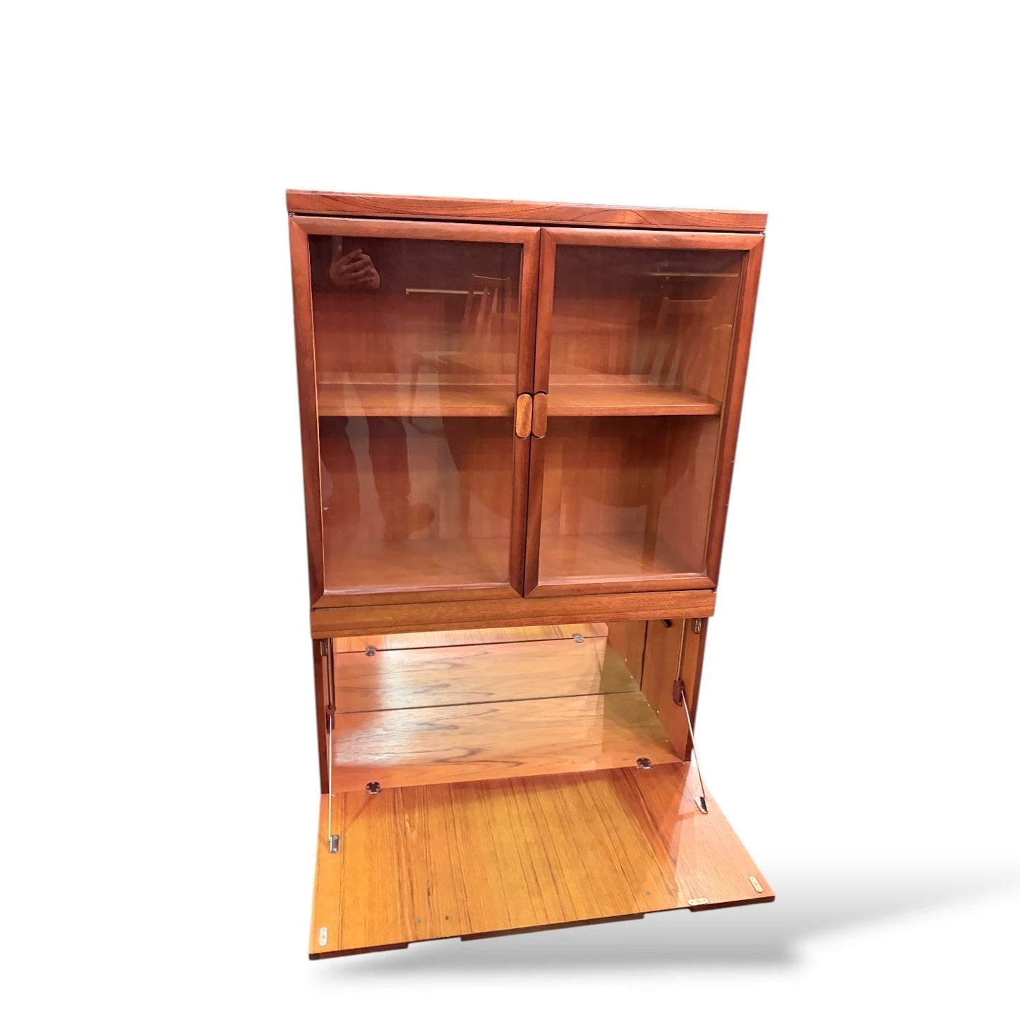 Mid Century Teak Display Cabinet | Danish Style Drinks Bureau with Glass Sliding Doors