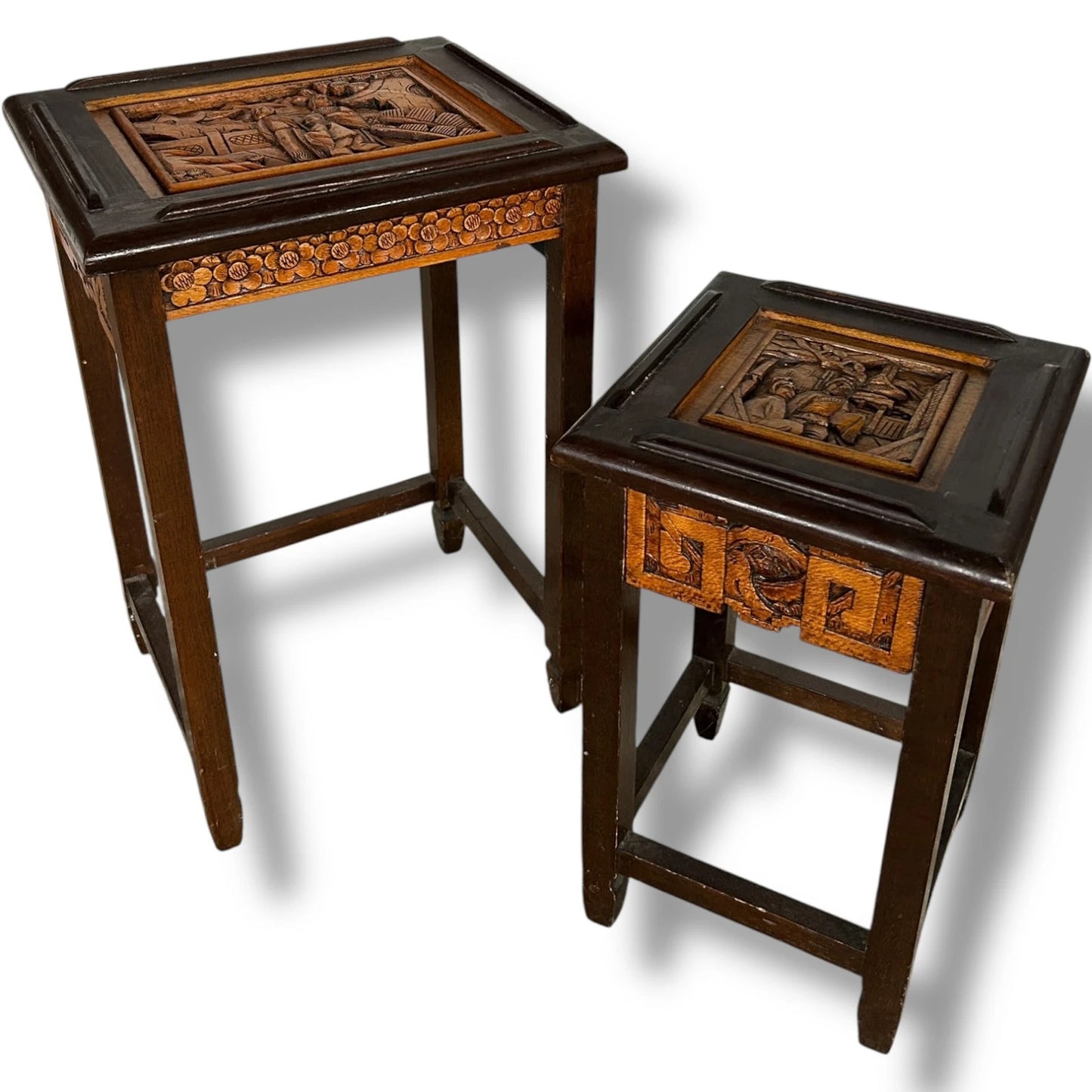 Pair of Vintage Chinese Camphor Wood Bedside Tables – Hand Carved Oriental Nightstands