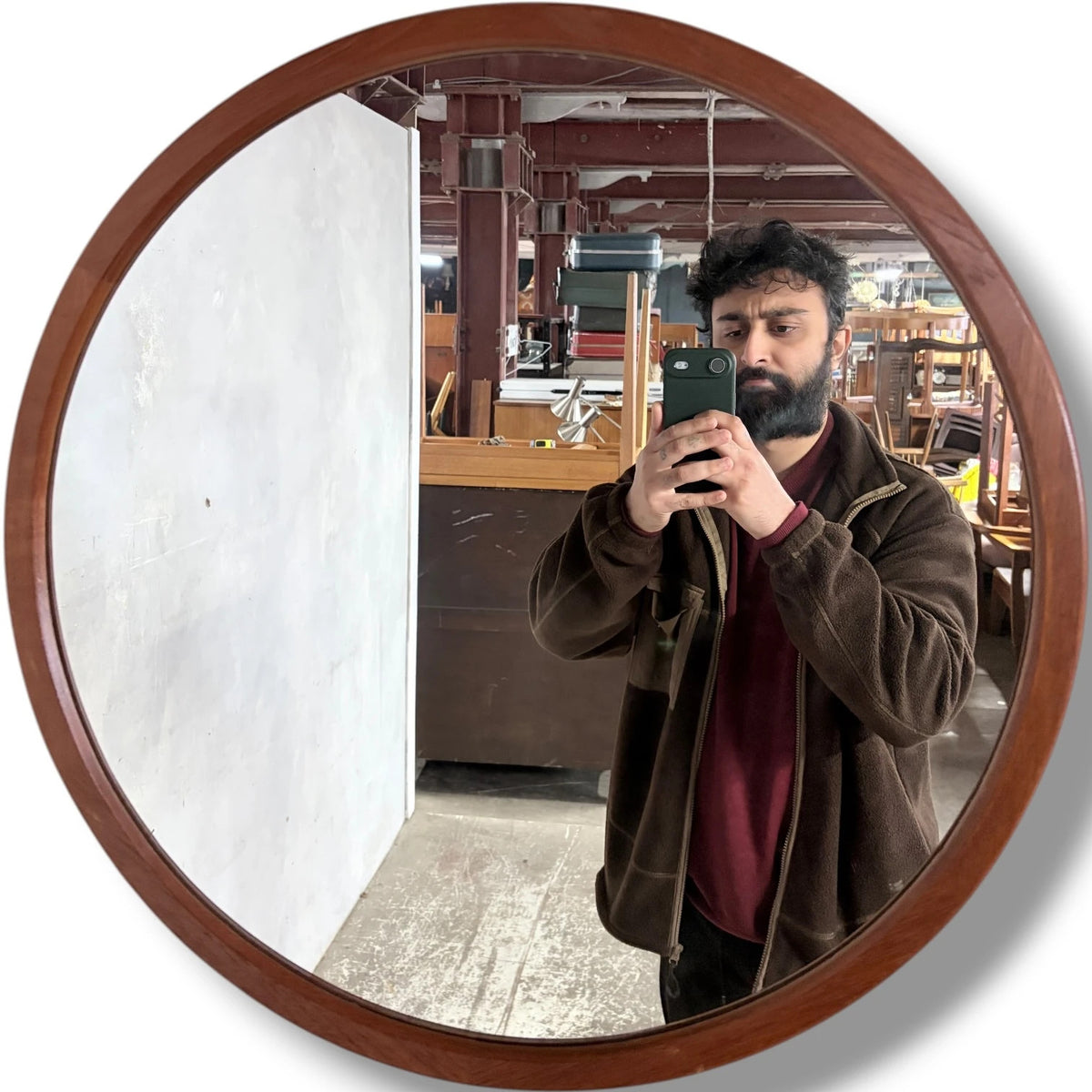 Mid Century Teak Mirror - Danish Round Wall Mirror with Solid Frame, Vintage