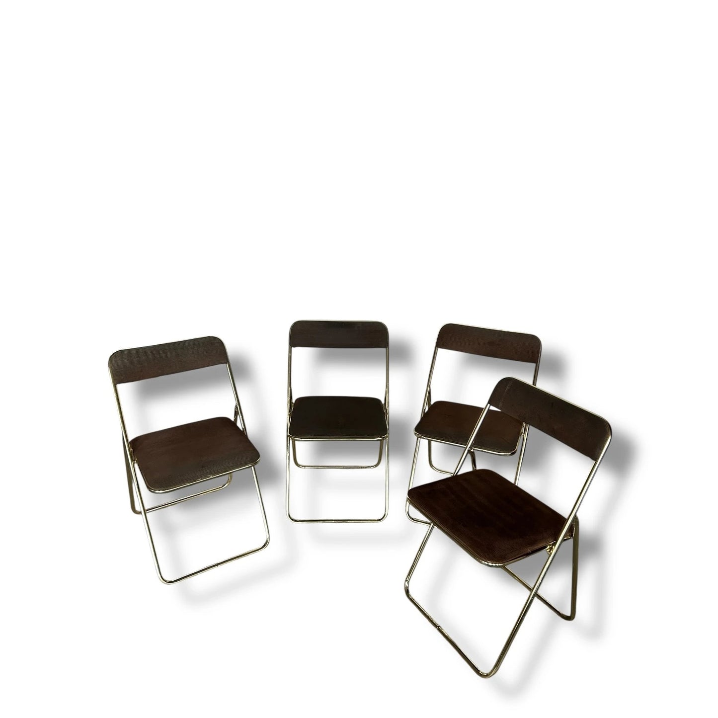 Set of 4 Vintage Mid Century Brass Folding Chairs – Brown Upholstered Dining Chairs