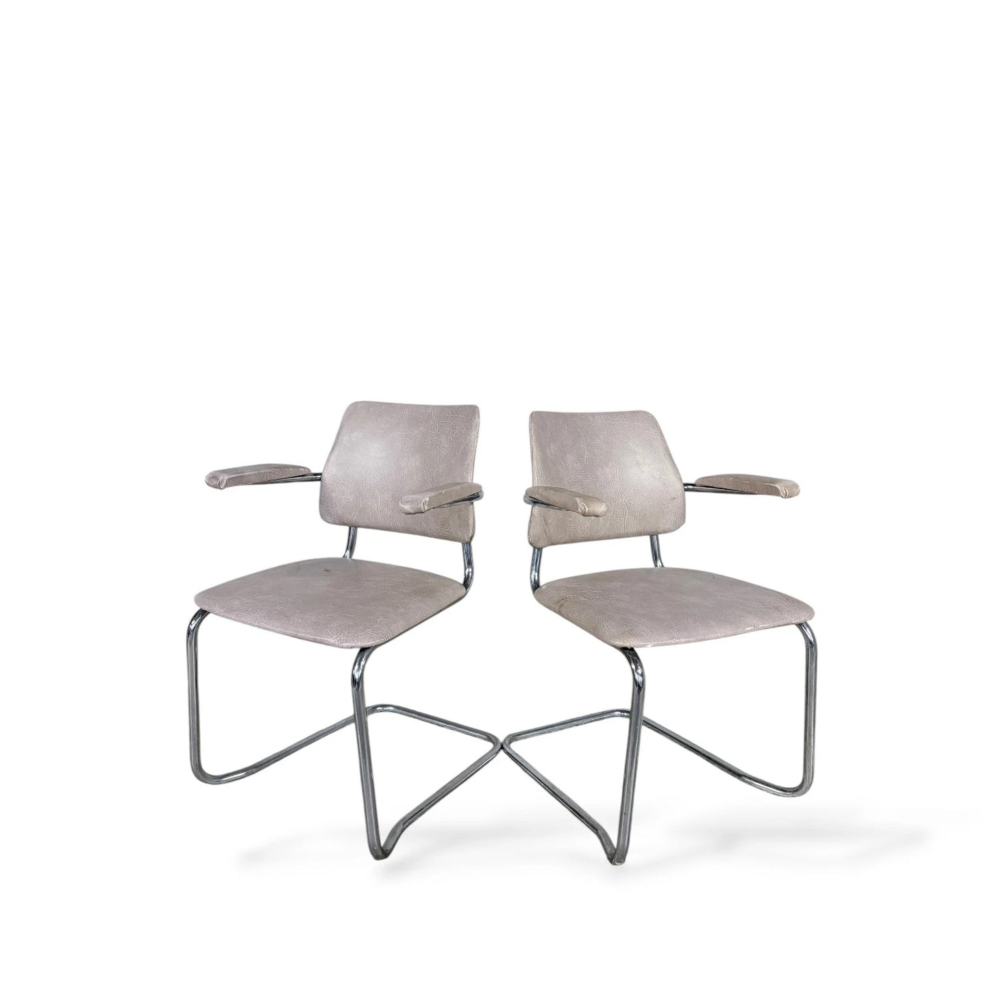 Pair of 1970s Stamped Chrome Cantilever Chairs – Stacking Armchairs
