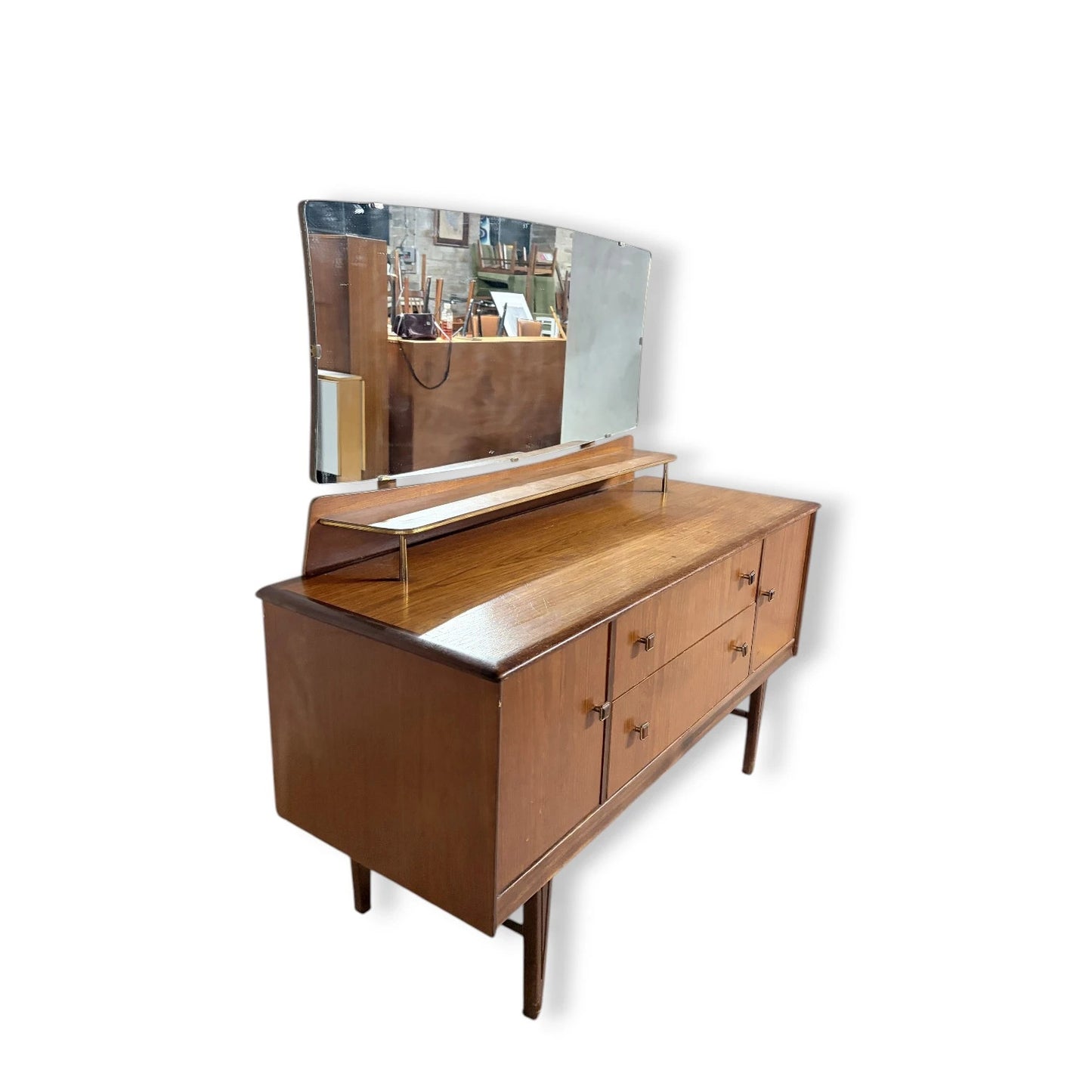 Mid Century Dressing Table | Vintage Teak Vanity with Brass Handles & Mirror — view 8