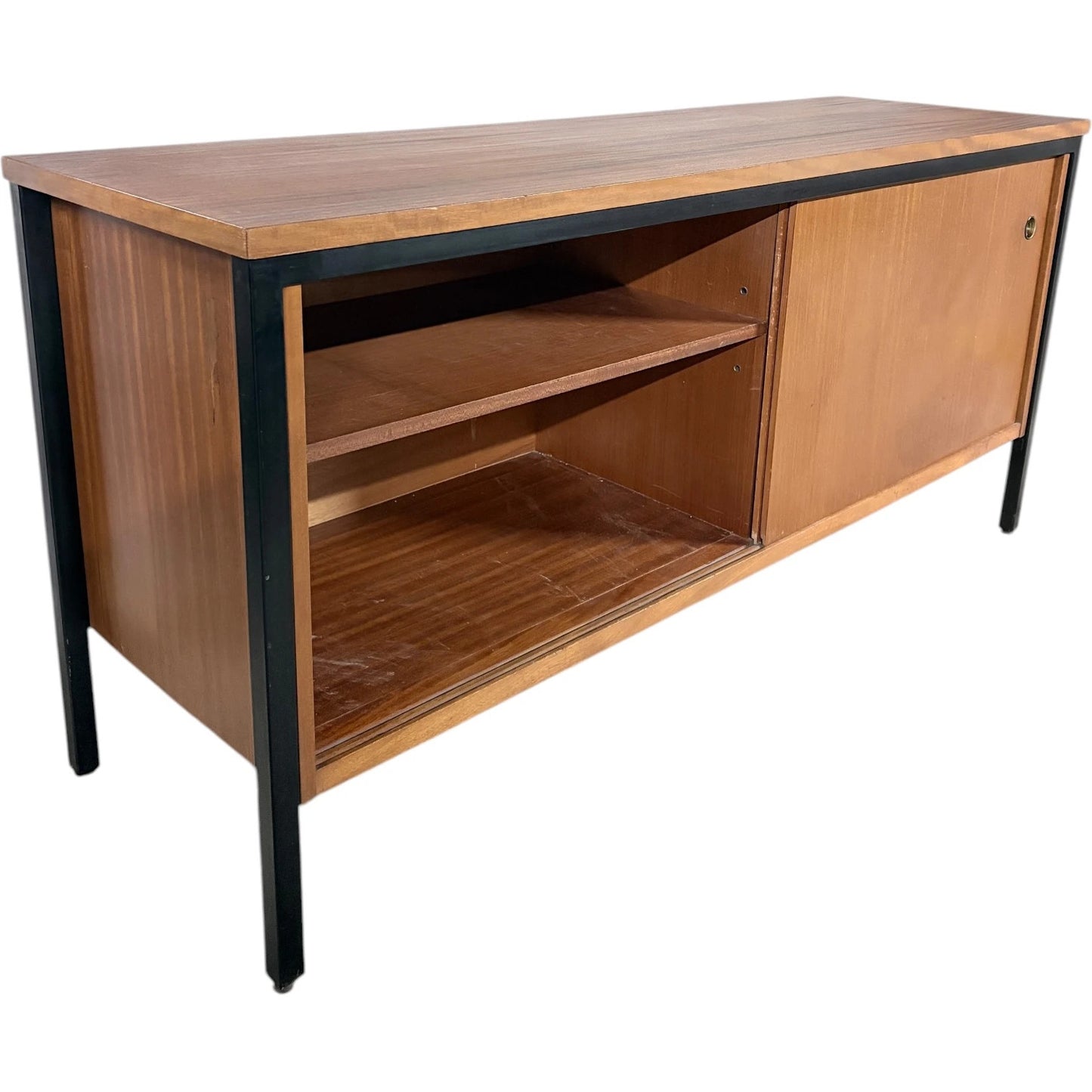 Mid Century Sideboard | Vintage Industrial Sliding Door Cabinet With Brass Handles — view 8